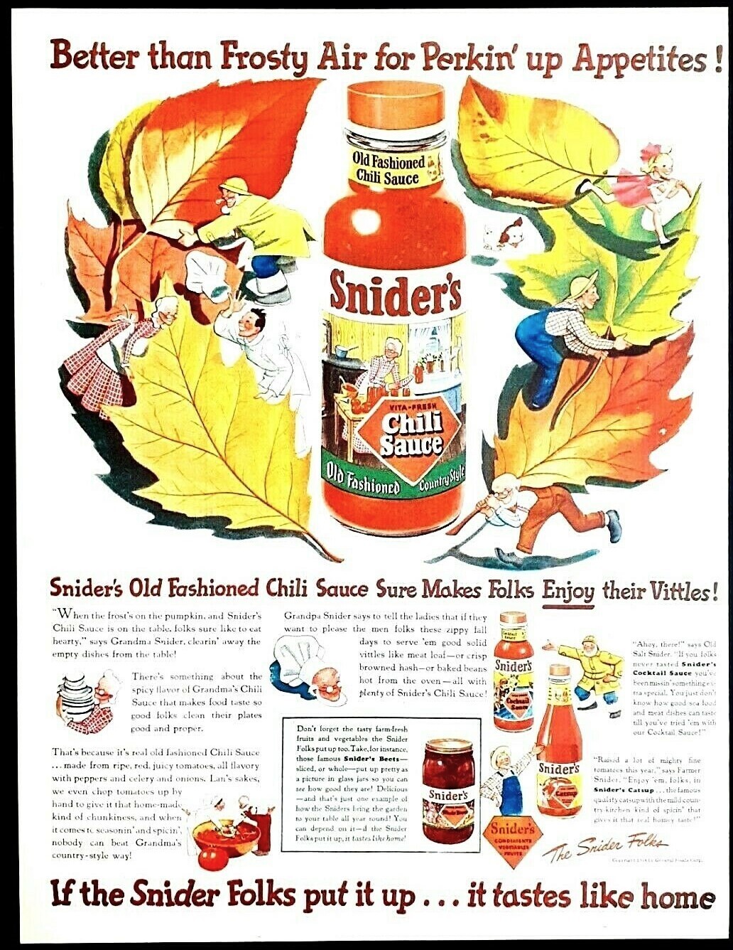Snider\'s chili sauce ad Vintage 1944 autumn leaves original advertisement 