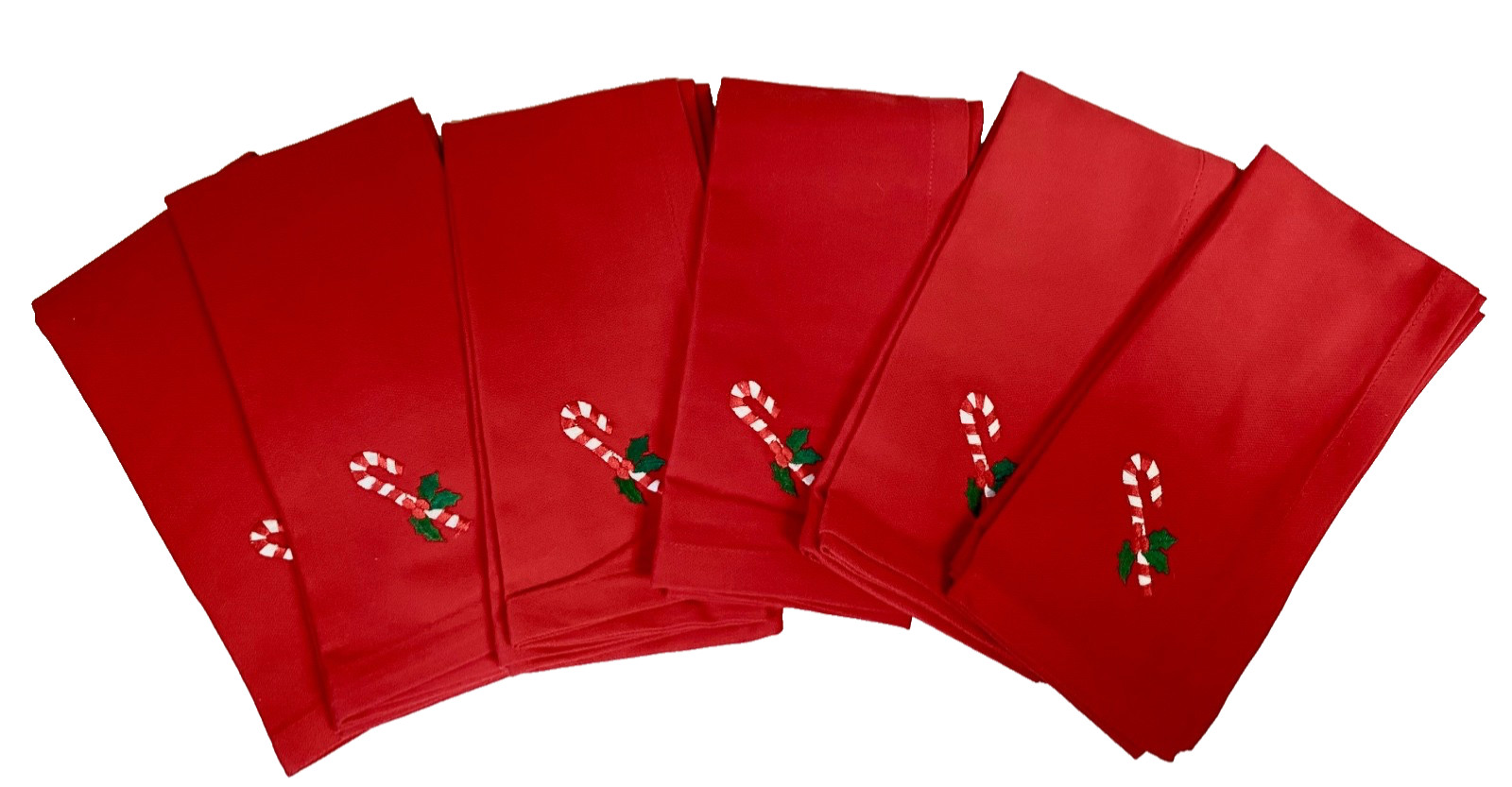 Vtg Red Cloth Christmas Napkins SET OF 6 Fabric Embroidered Candy Cane 17” x 17”
