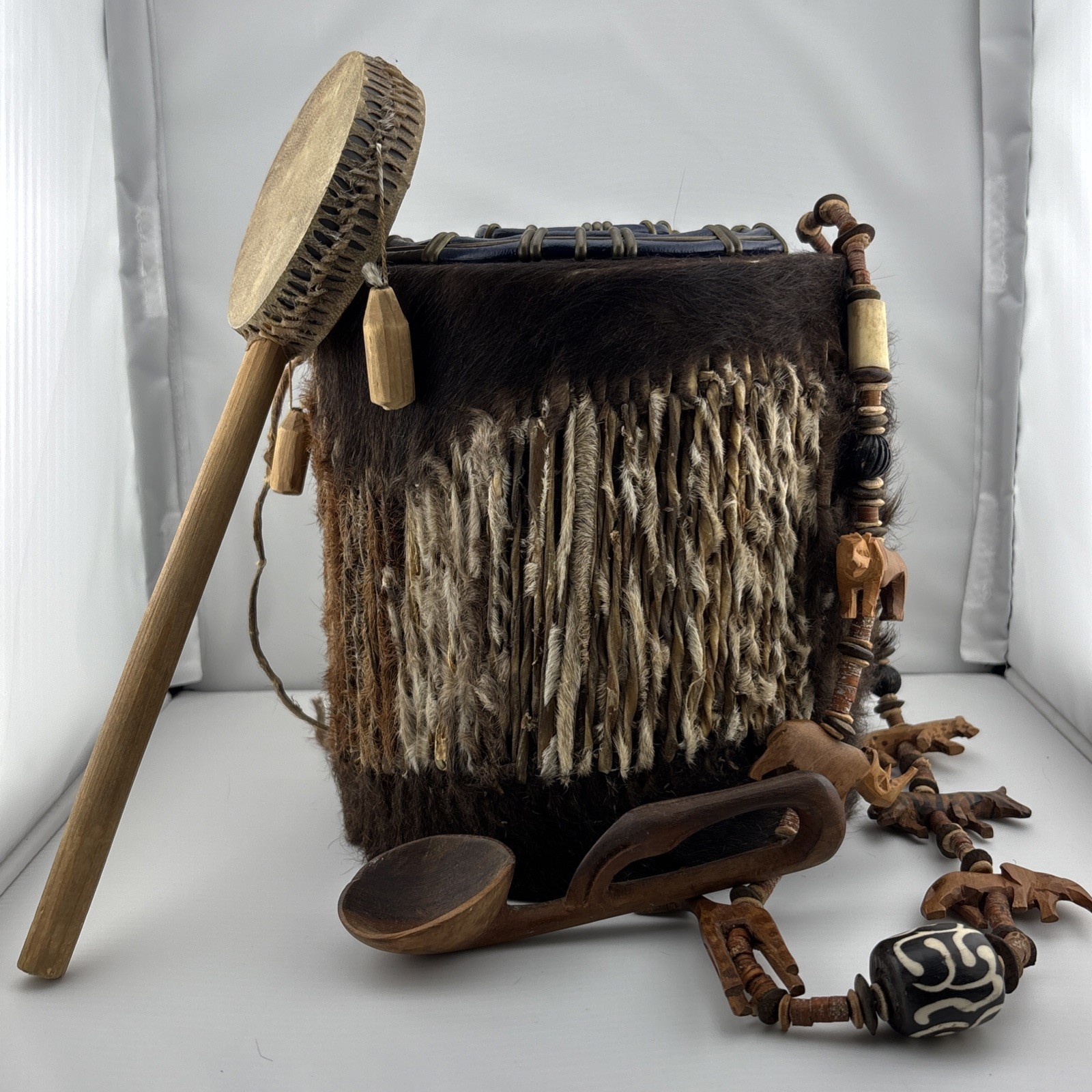 VTG African Tribal Animal Fur Peg Drum Necklace Spoon Decor Lot Handmade
