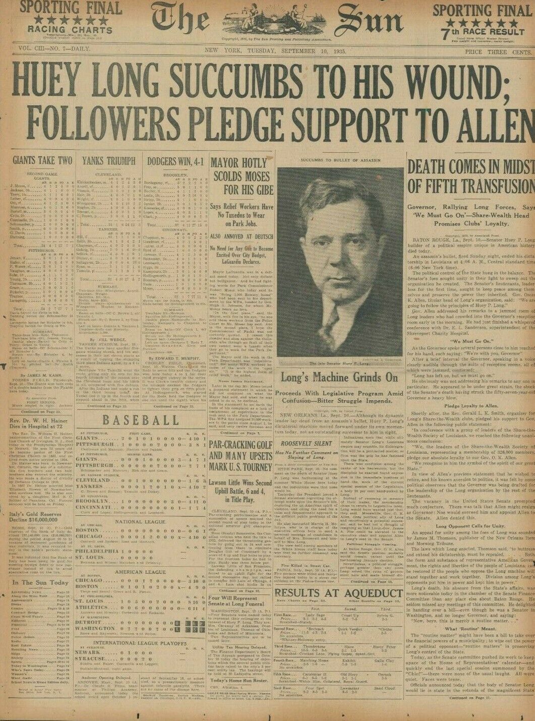 Senator Huey Long Dead Assassin Carl Weiss Roosevelt Silent September 10 1935 
