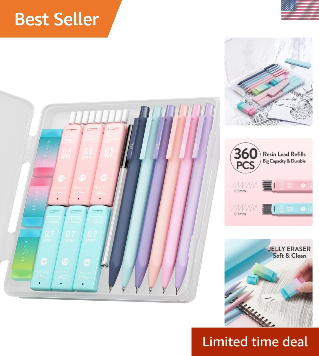 Cute Mechanical Pencil Set, 6-Pack 0.5/0.7mm