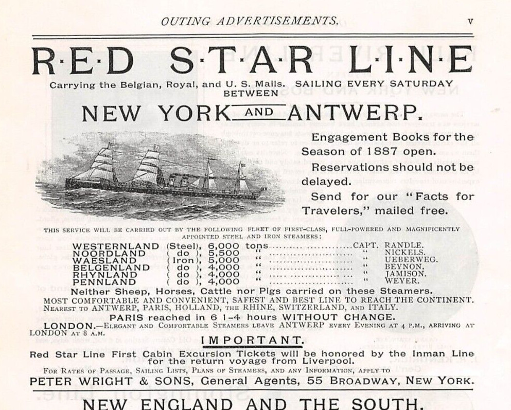 1887 RED STAR LINE Royal US Mails Steel & Iron STEAMERS New York and Antwerp AD