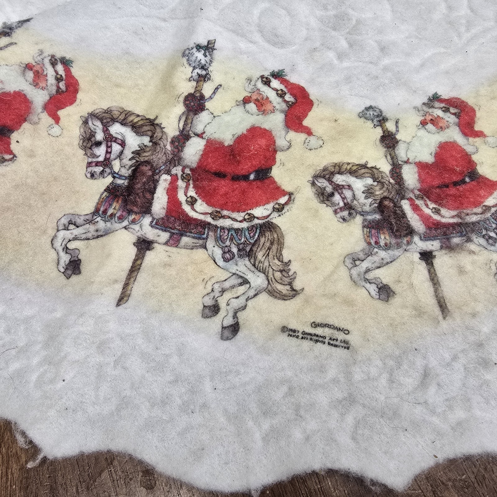 Vintage 1987 Giordano Art Christmas Tree Skirt Felt Santa Clause Carousel Themed