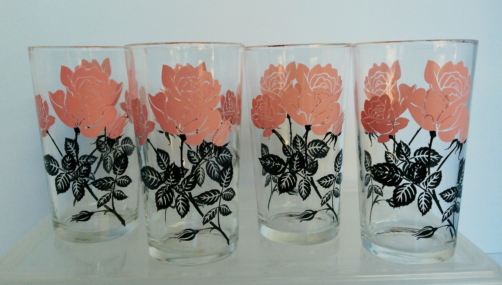 Set of 4 Vintage 1960\'s Hazelware Pink Black Roses Floral Tumbler Glasses 12 Oz