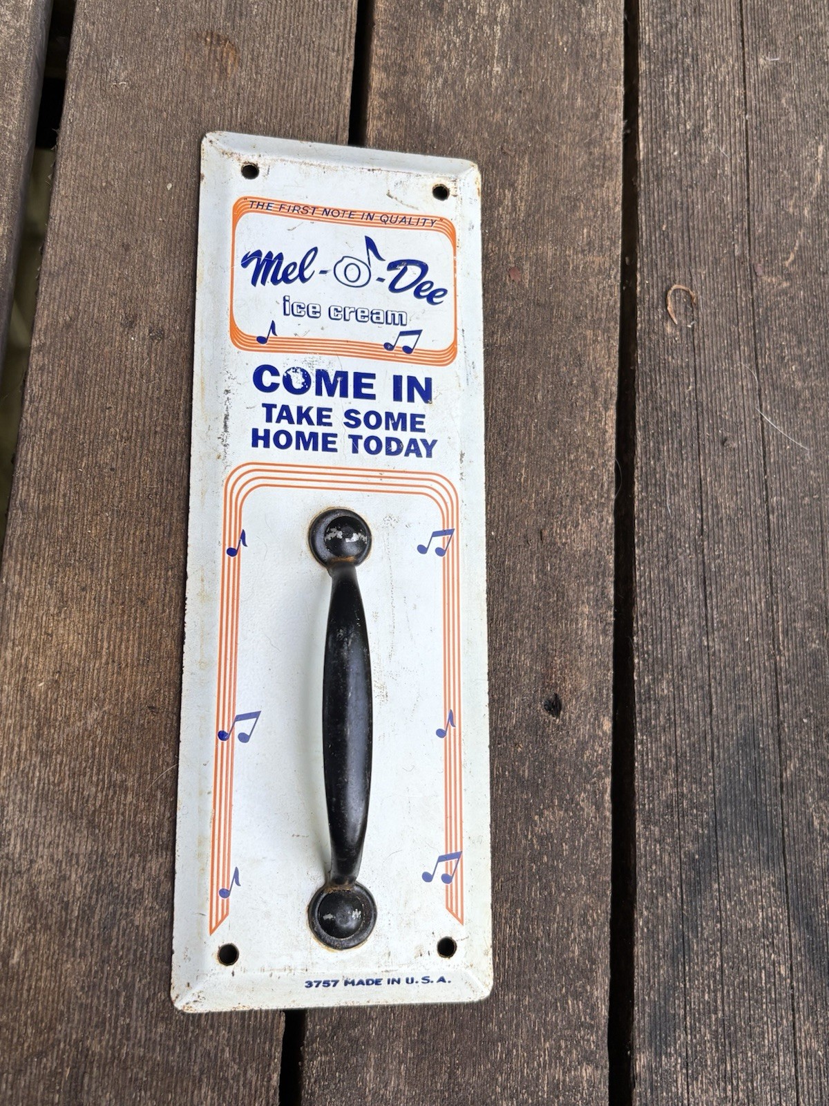 1950s Old MEL-O-DEE ICE CREAM Metal Door Pull Handle Sign ~ SANTA ANA CA