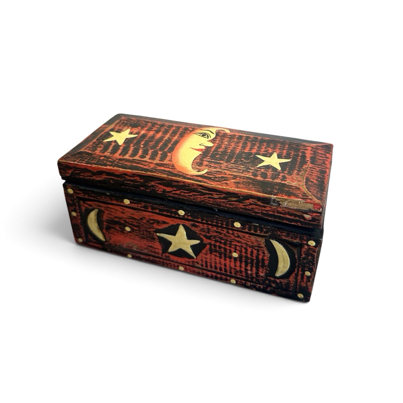 Vintage Hand Painted Wooden Trinket Box Moon Stars Celestial Folk Art