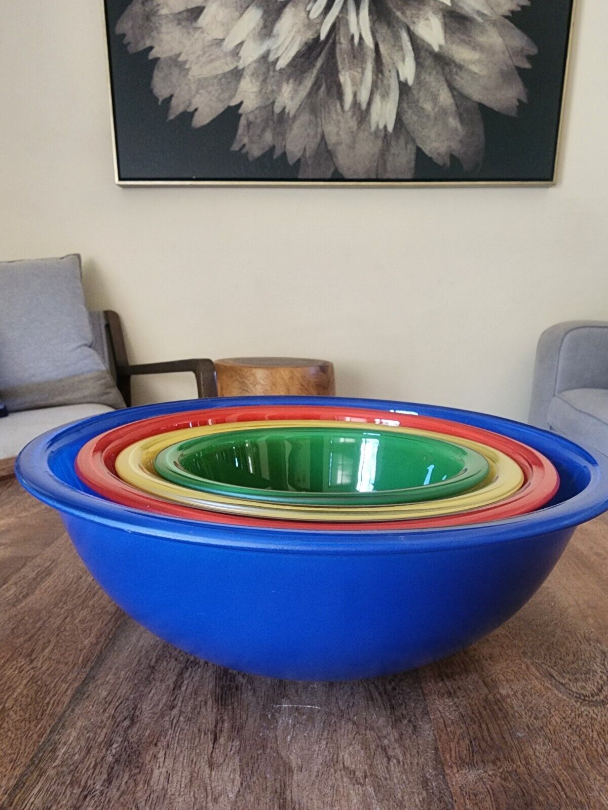 Vtg 80s Glass Pyrex Primary Color Nesting Mixing Bowl Set | 1L, 1.5L, 2.5L, 4L