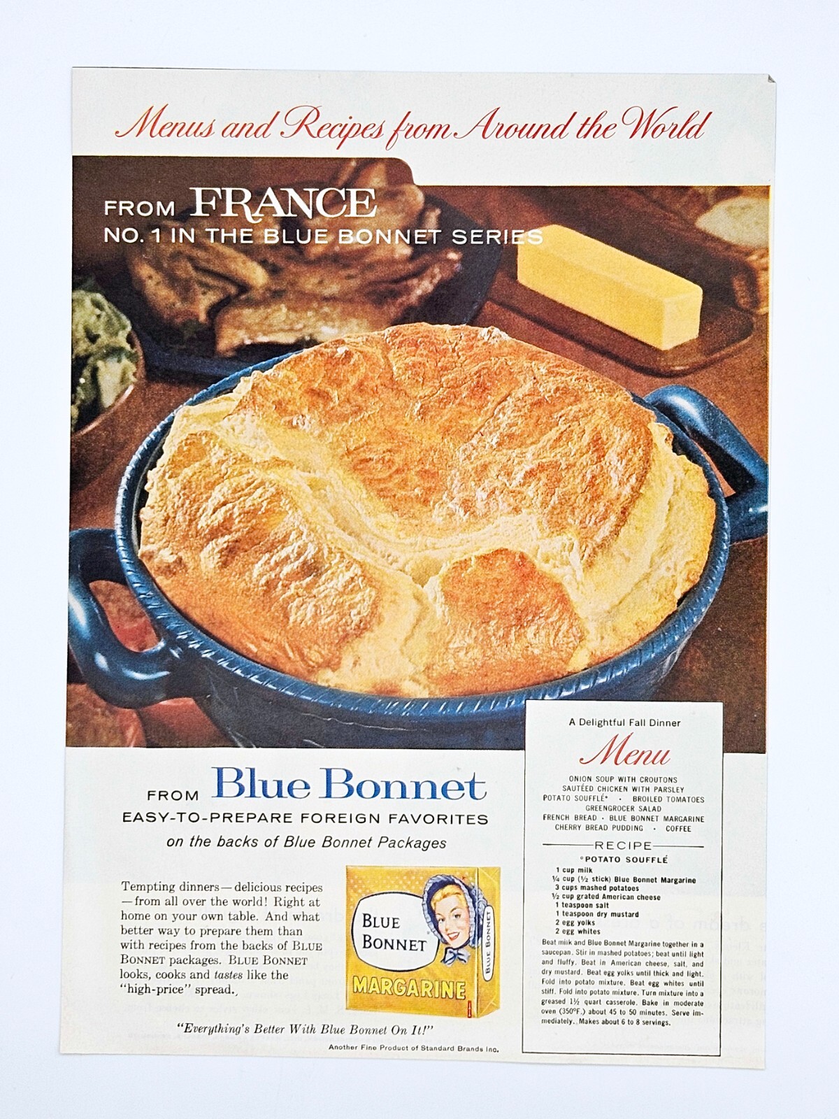 Blue Bonnet margarine ad vintage 1961 original souffle recipe advertisement