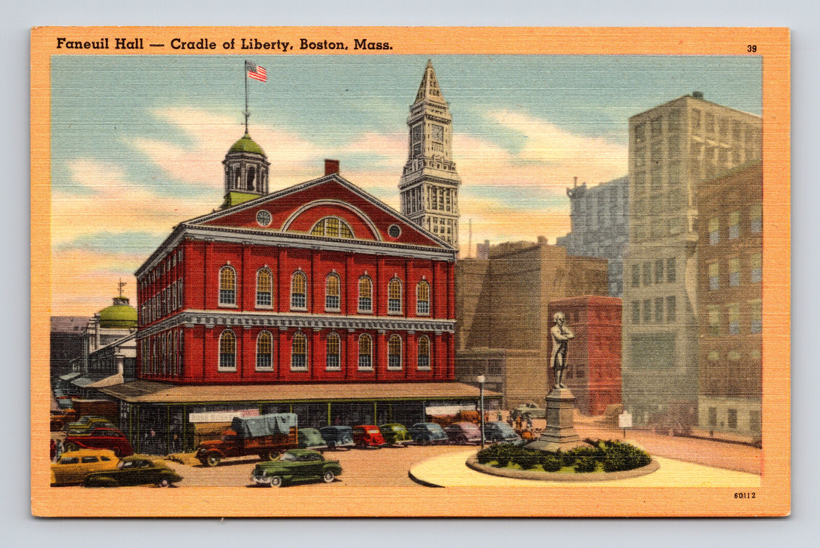 c1956 Postcard Boston MA Mass Faneuil Hall Cradle of Liberty Samuel Adams Cars
