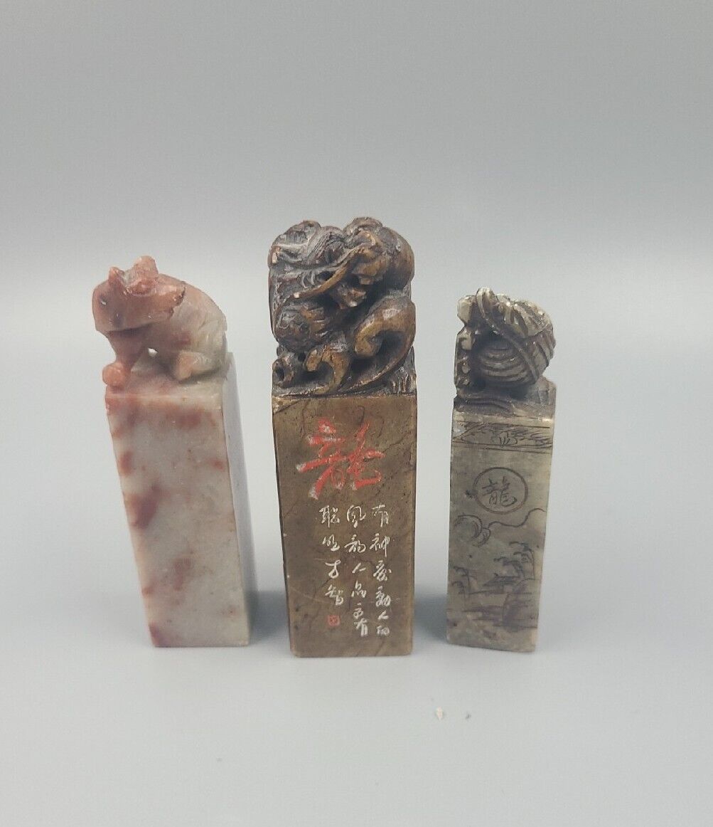 Vintage Chinese Carved Stone Wax Seal Stamps Lot Of 3 Dragon Bear Pig 