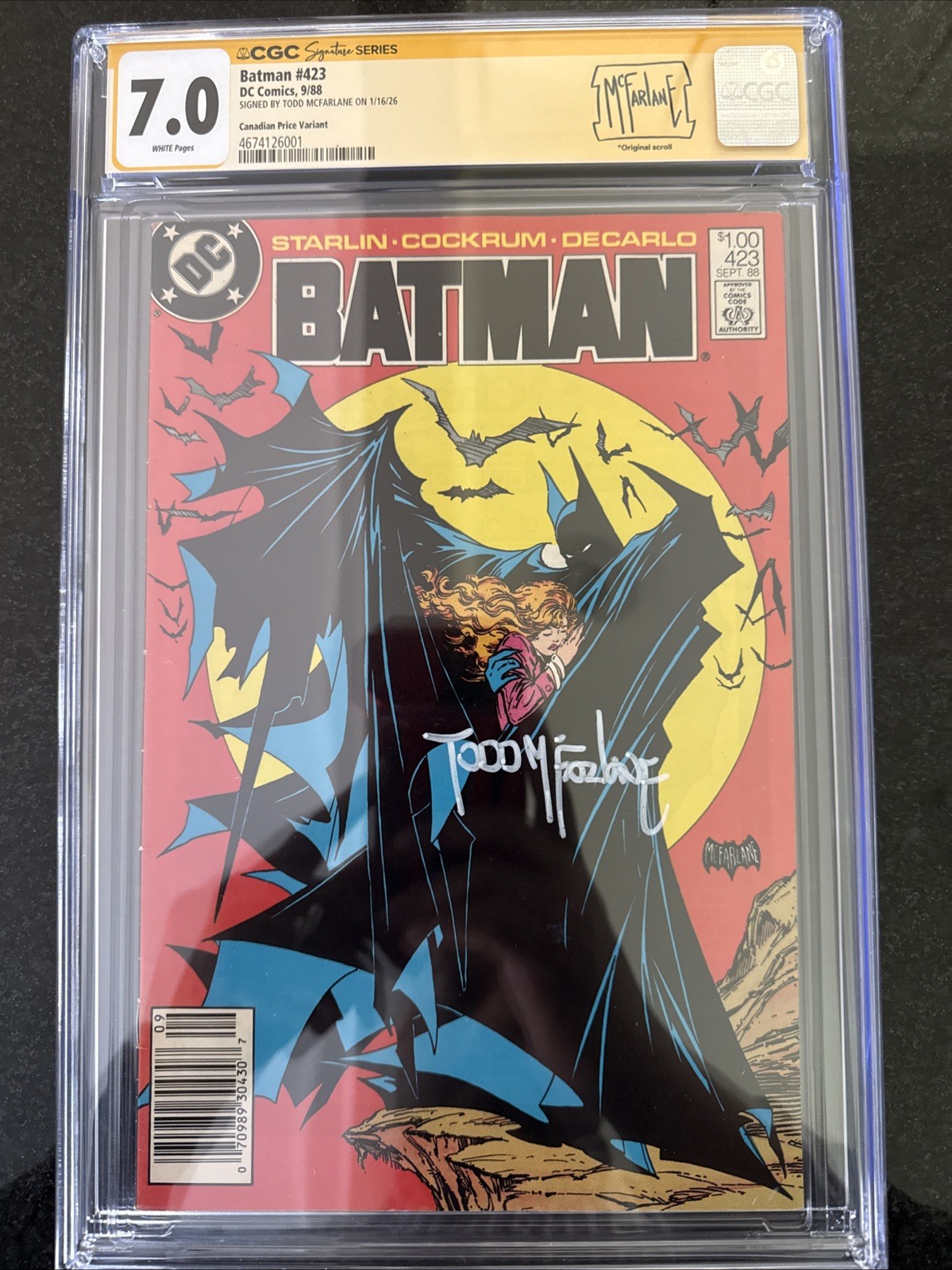 Batman #423 (1988) CGC 7.0 CANADIAN Price Variant Signed Todd McFarlane - RARE