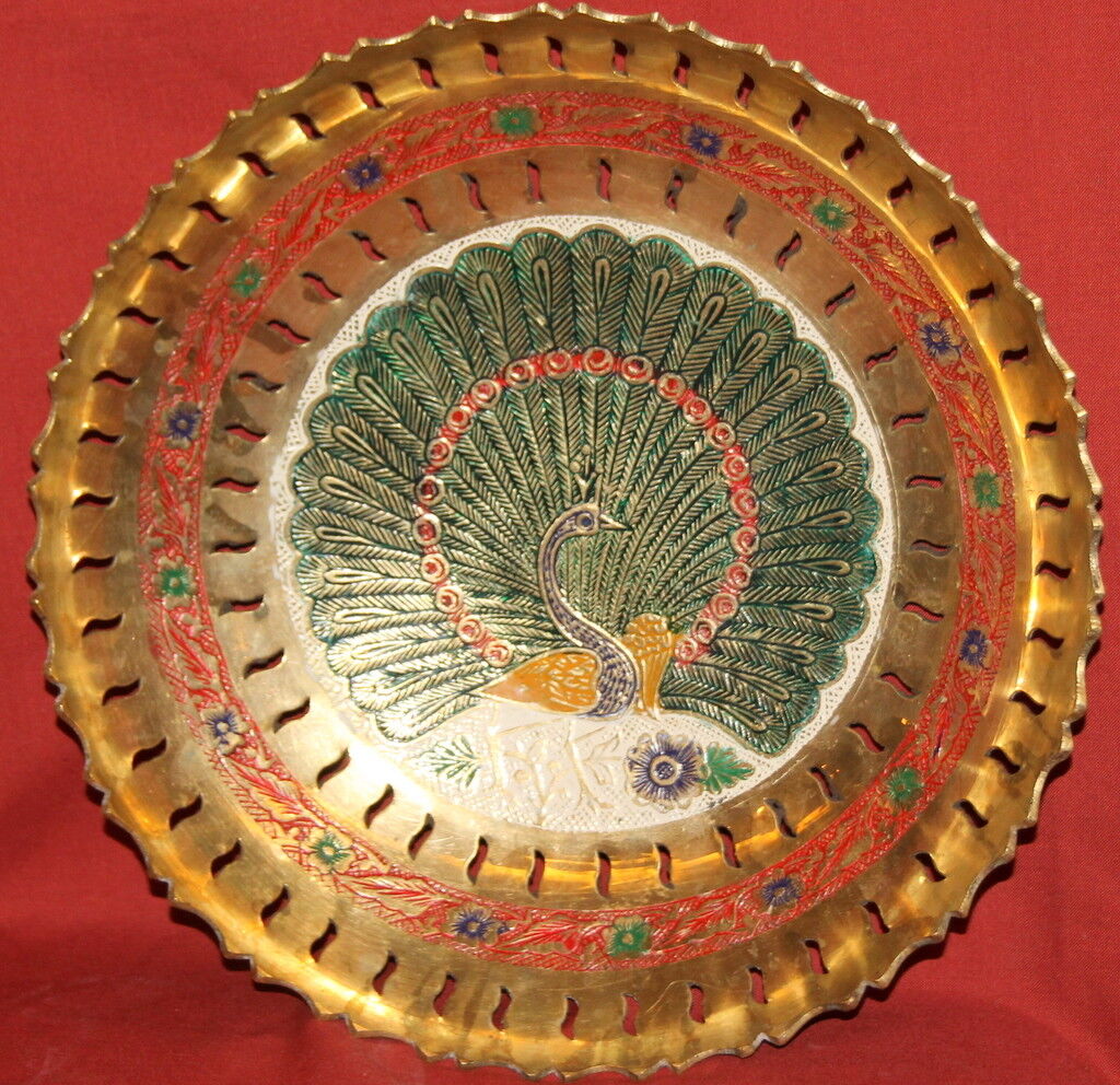 Large Vintage Ornate Brass Peacock Bowl