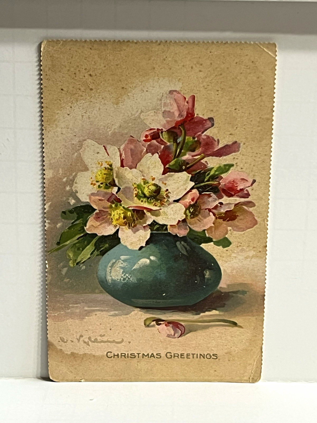 Tuck’s Vintage Christmas Greetings Postcard Floral Vase Flowers Catherine Klein 