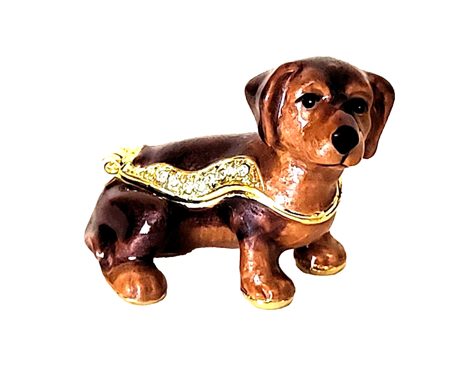 Angelic Dachshund Brown Pewter Bejeweled Hinged Miniature Trinket Box Kingspoint