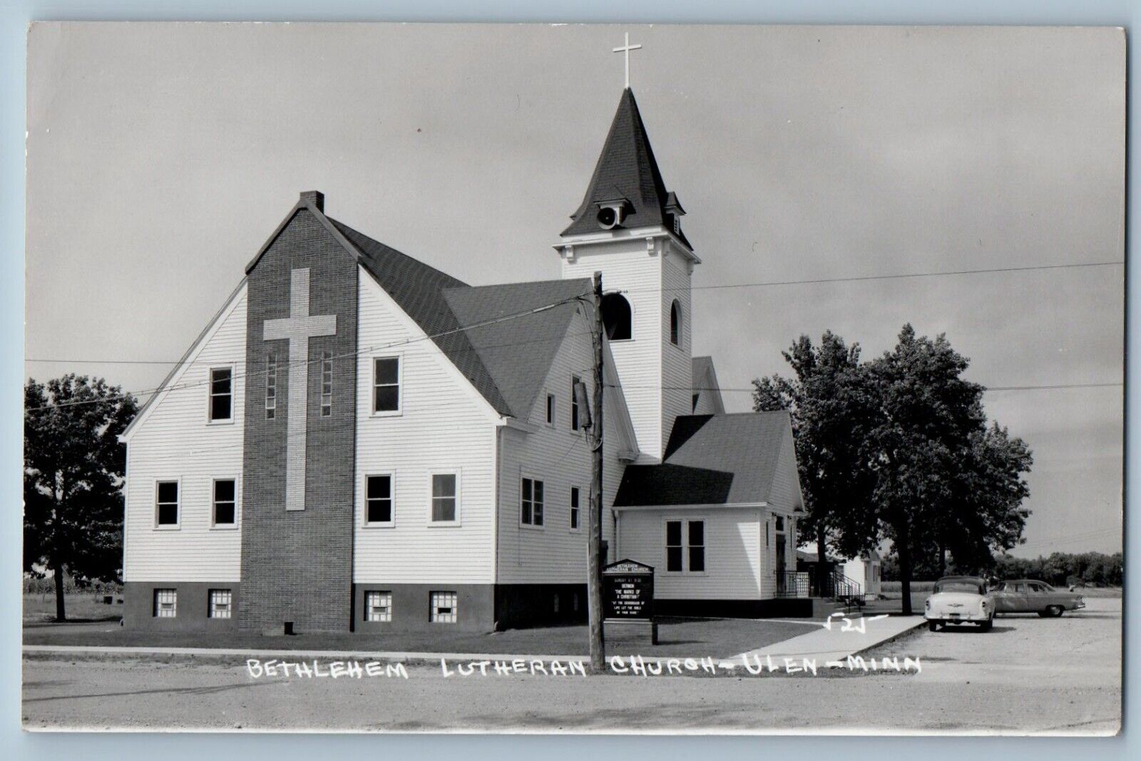 Ulen Minnesota MN Postcard RPPC Photo Bethlehem Lutheran Church Cars c1950's