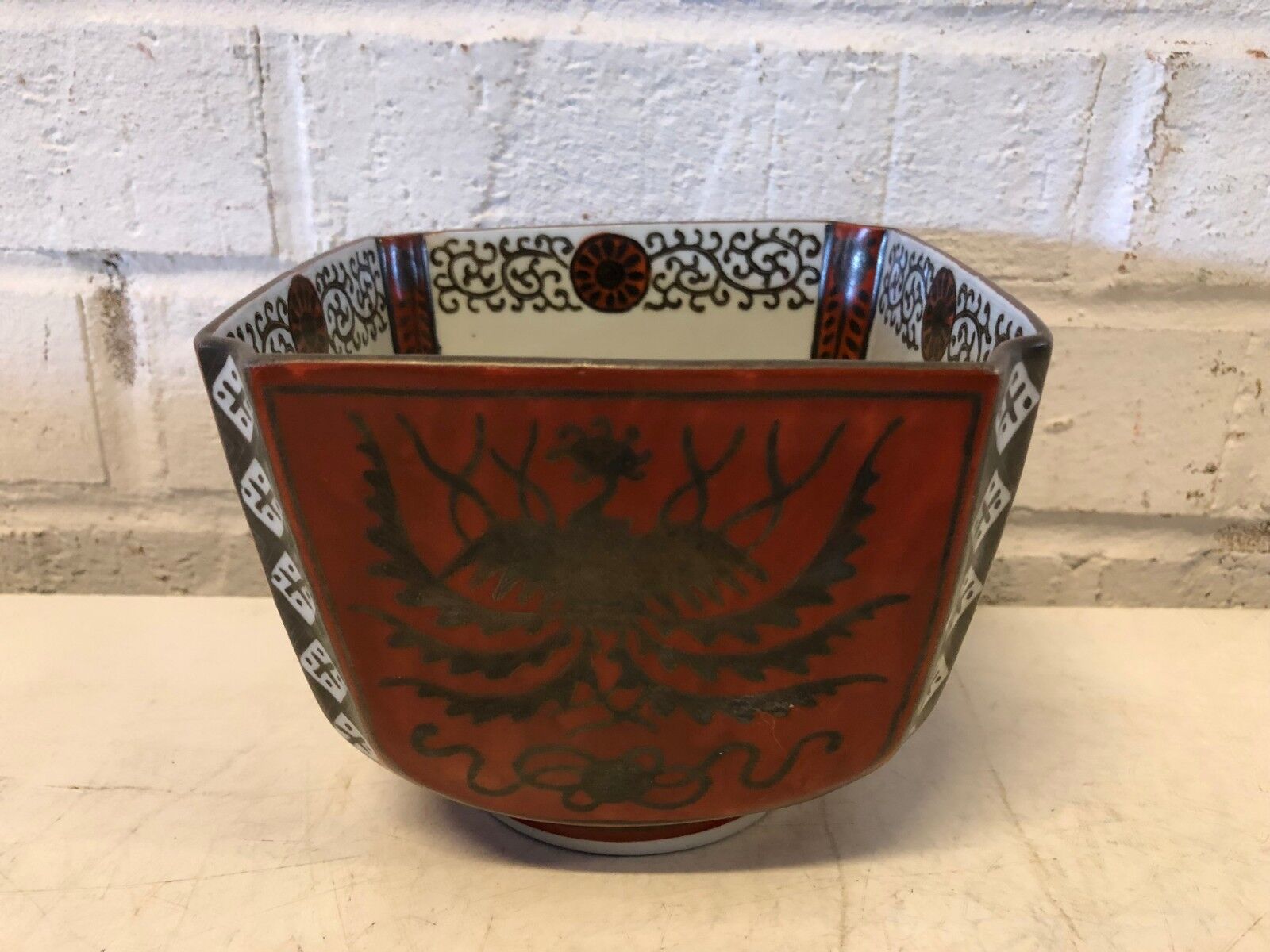 Vintage Chinese Decorative Hand Painted Red & Black Bowl with Bird Decorations