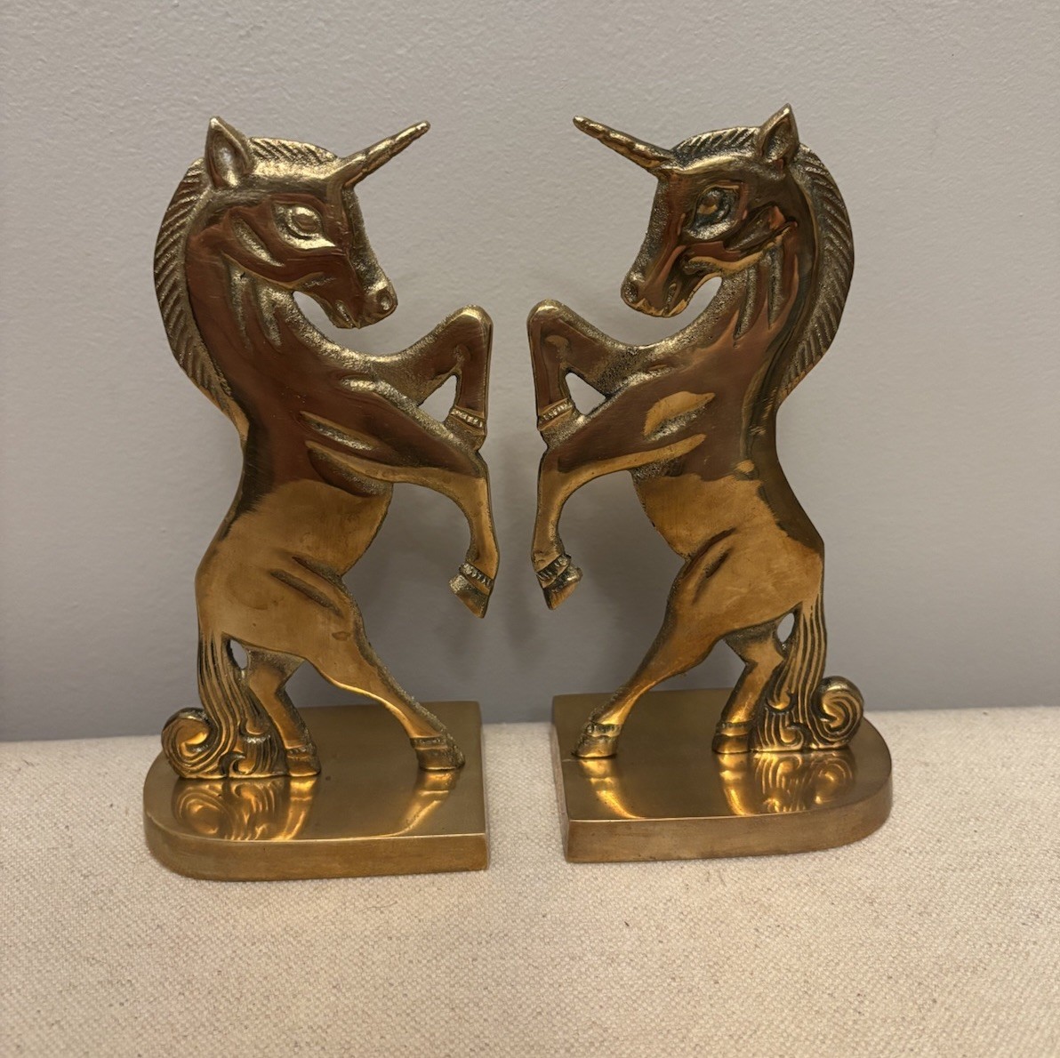 Vintage Solid Brass Rearing Unicorn Bookends Mid Century Hollywood Regency Set