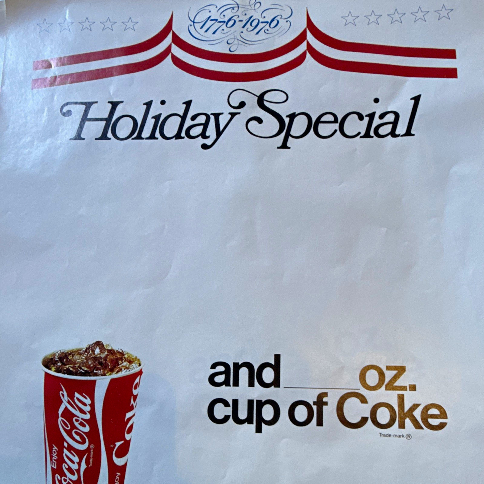 Lot of 5 Coca-Cola 1776-1976 Holiday Special Original Soda Menu Print, 1976 Lot of 5 Coca-Cola 1776-1976 Holiday Special Original Soda Menu Print, 1976