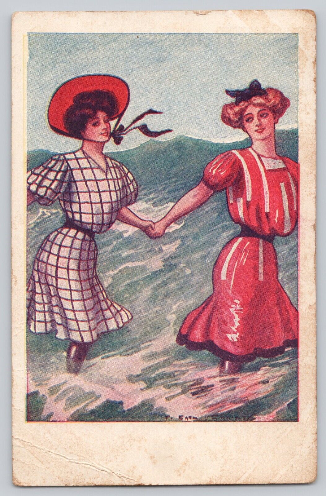 Postcard Pretty Ladies at the beach c 1908