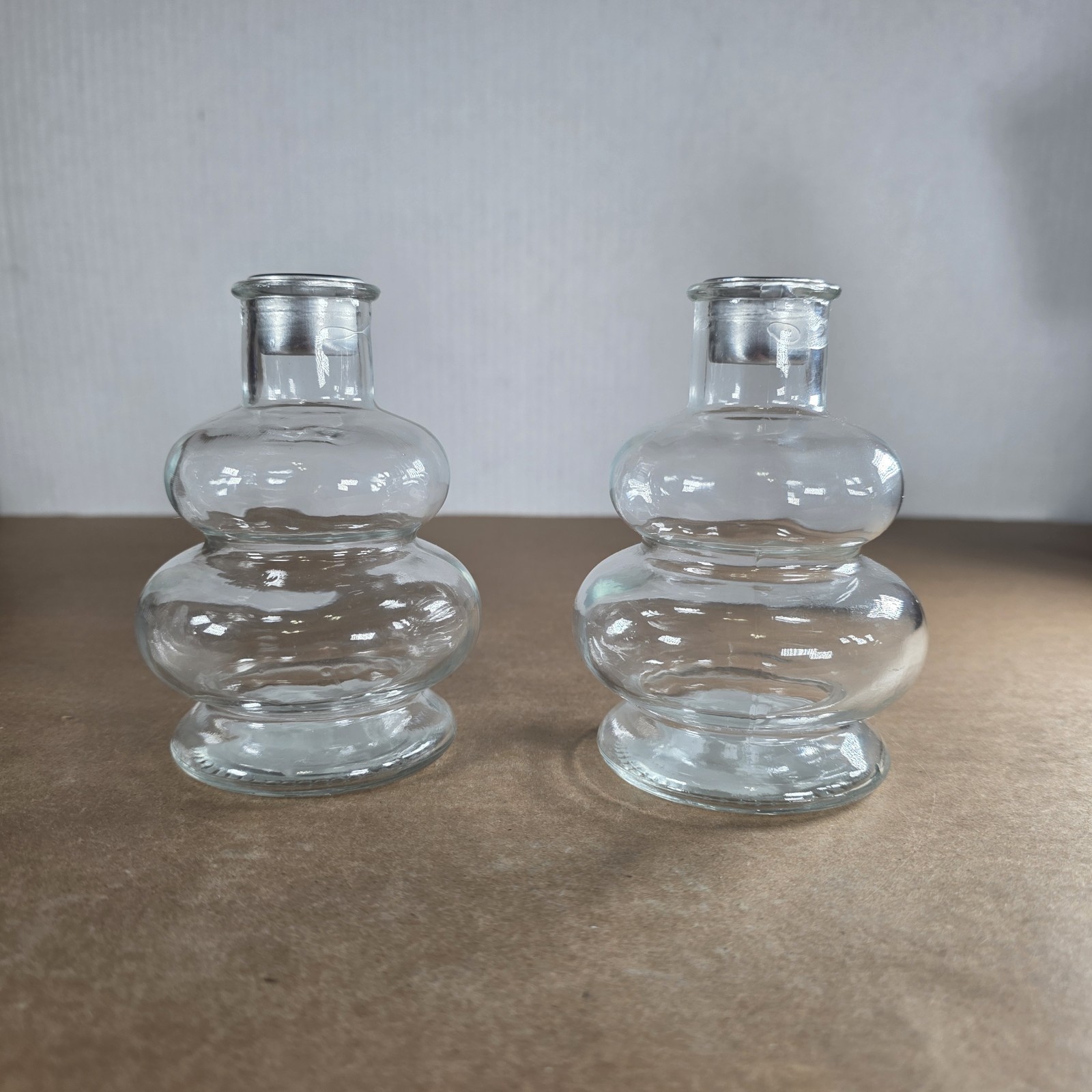Pair Clear Ribbed Glass Taper Candle Holders Double Bubble 4.5