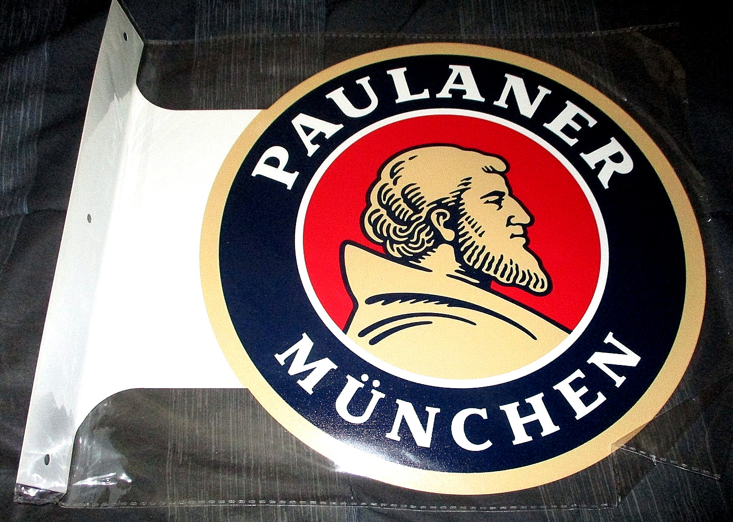 PAULANER MUNCHEN BEER Double-Sided Imprint Metal Flange Sign #2 - NEW