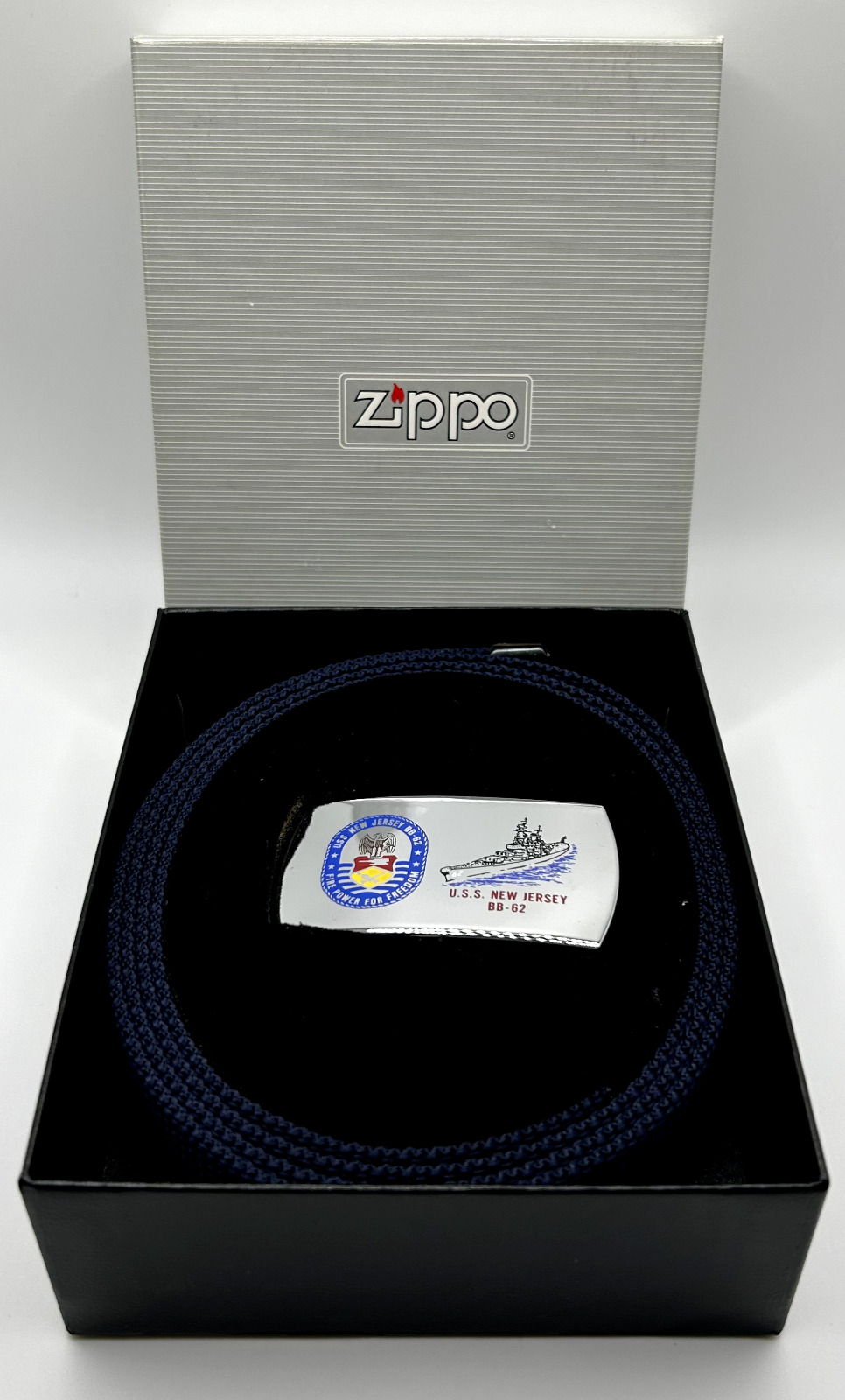 Zippo Navy U.S.S. New Jersey Belt & Belt Buckle (BB-62) New in Original Box RARE