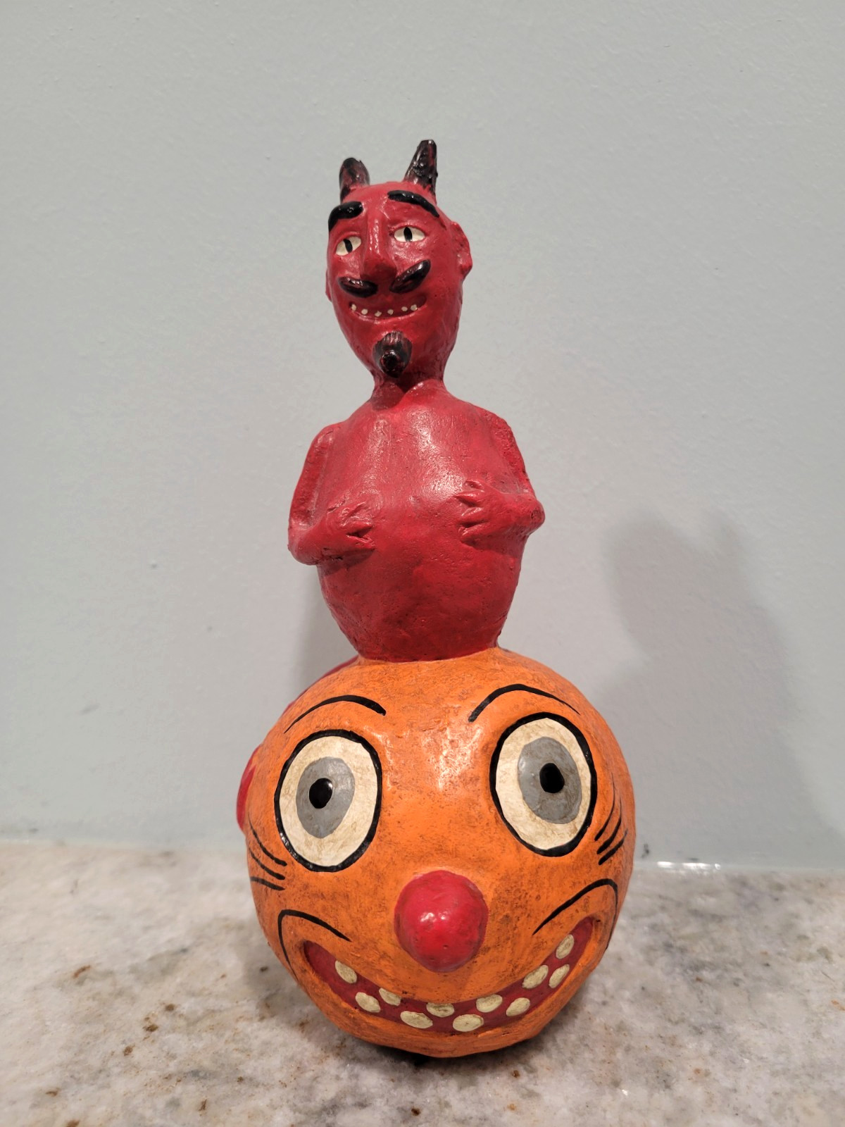 Papier Mache Halloween Devil pumpkin head paper folk art sculpture vintage antiq