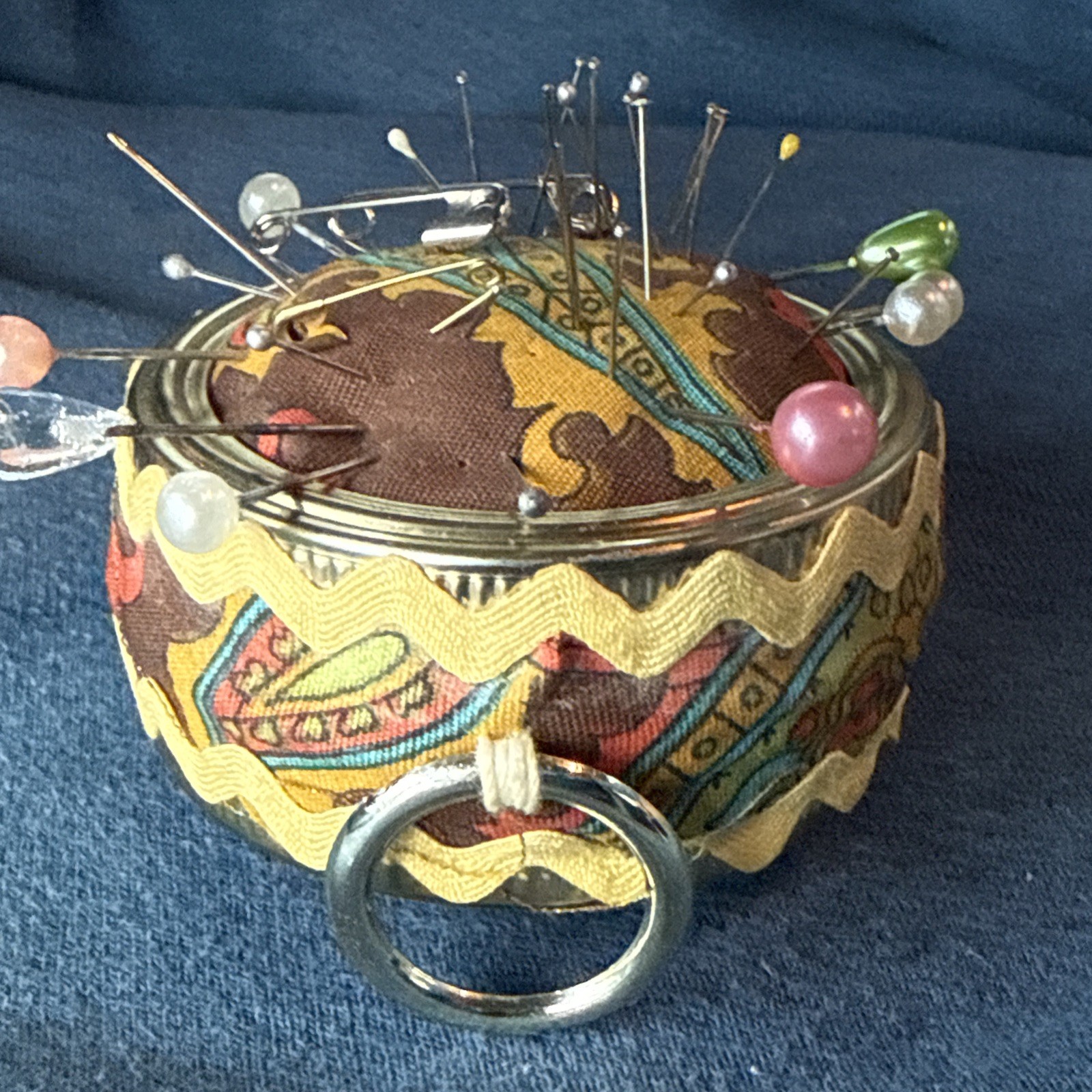 Vintage 1970's? Pin Cushion for Sewing.Metal & Fabric, Old Pins. 