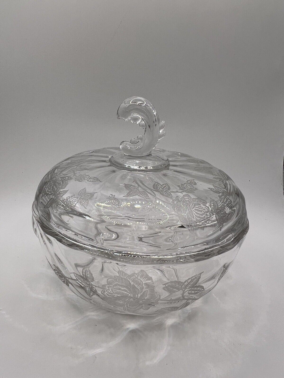 HEISEY ROSE ETCHED GLASS Wave Finial Lid CHOCOLATE DISH 5\' 1/4” Trinket Dish