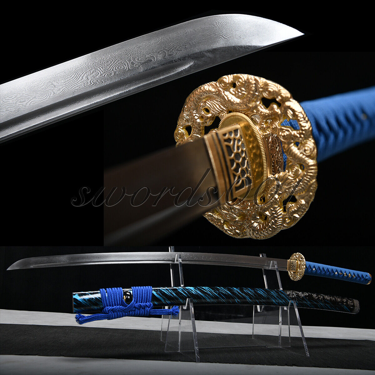 Elegant Blue Folded Steel Stonewash Blade Japanese Sword Samurai Katana Sharp