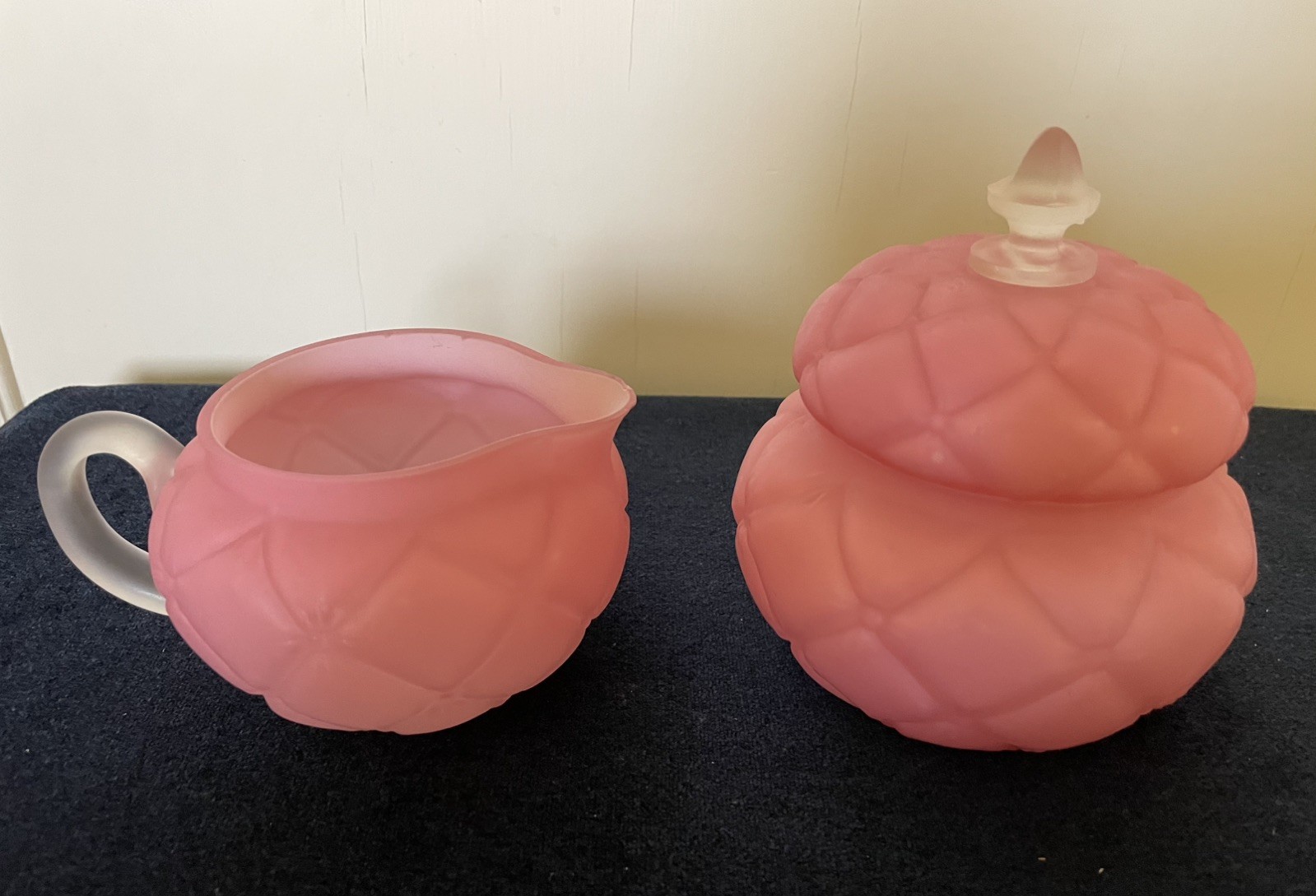 EAPG Antique Consolidated  Florette Quilted Pink Satin Glass Creamer & Sugar 