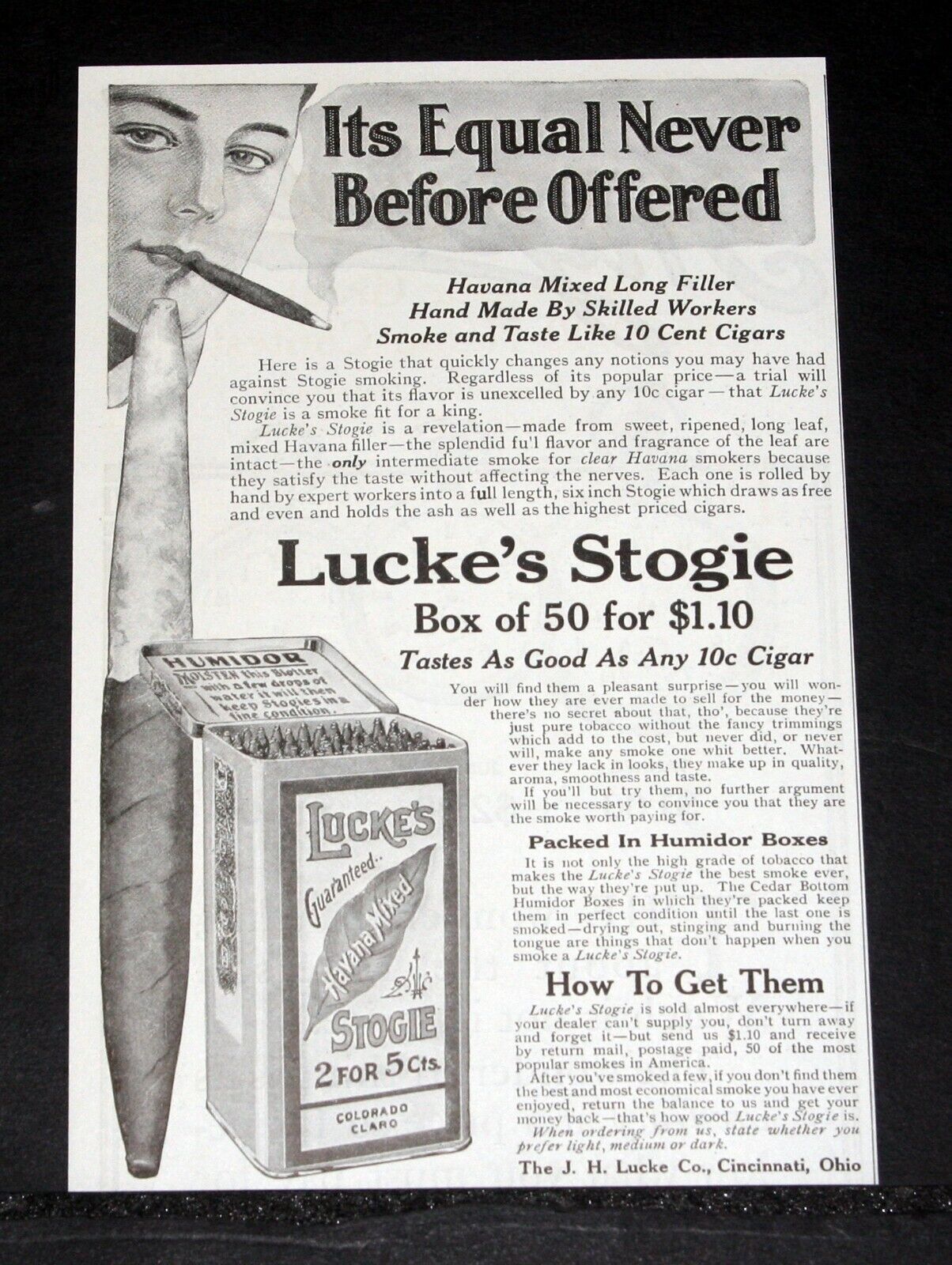 1911 OLD MAGAZINE PRINT AD, LUCKES STOGIE CIGAR, ITS EQUAL NEVER BEFORE OFFERED