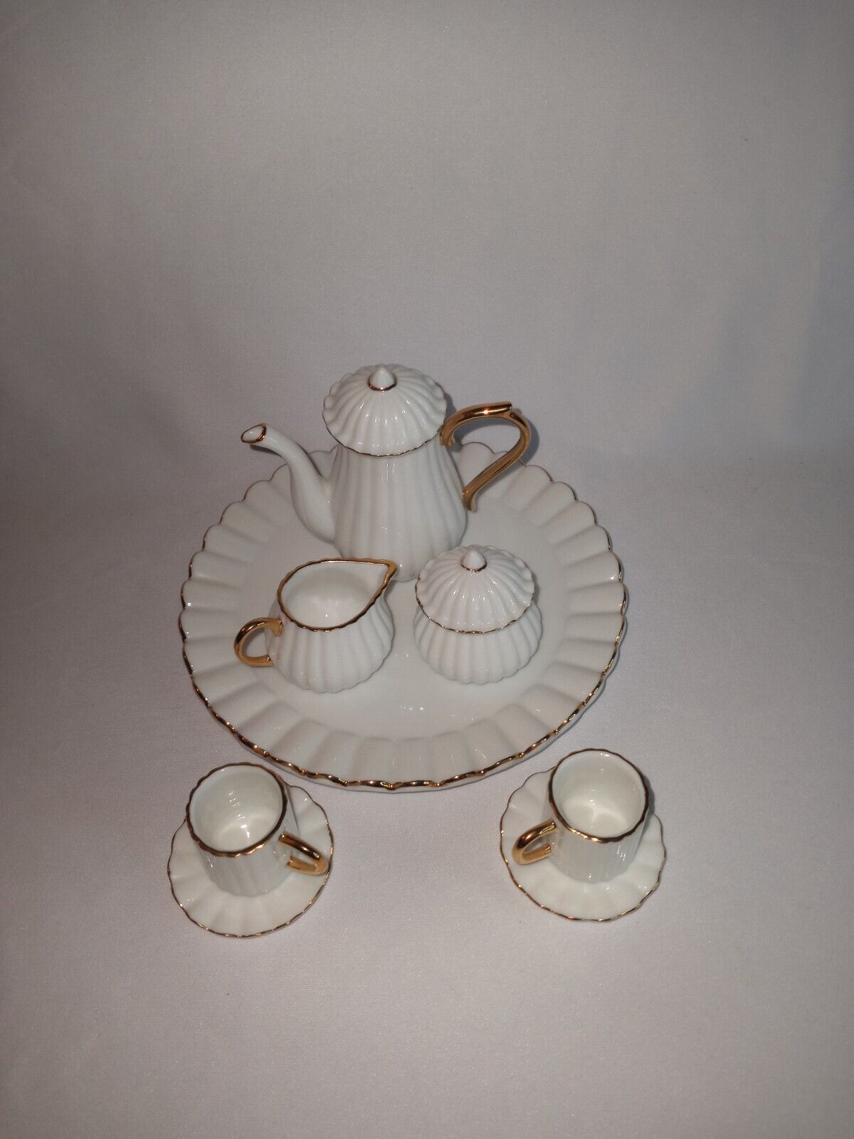 Miniature Tea Set Decorative Shaped, All White With Gold Trim