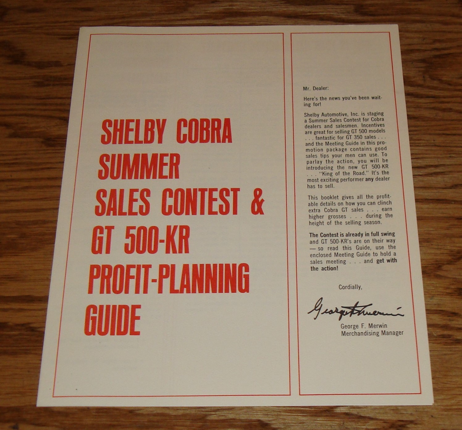 1968 Ford Shelby Cobra GT 350 500 500-KR Dealer Sales Contest Brochure 68