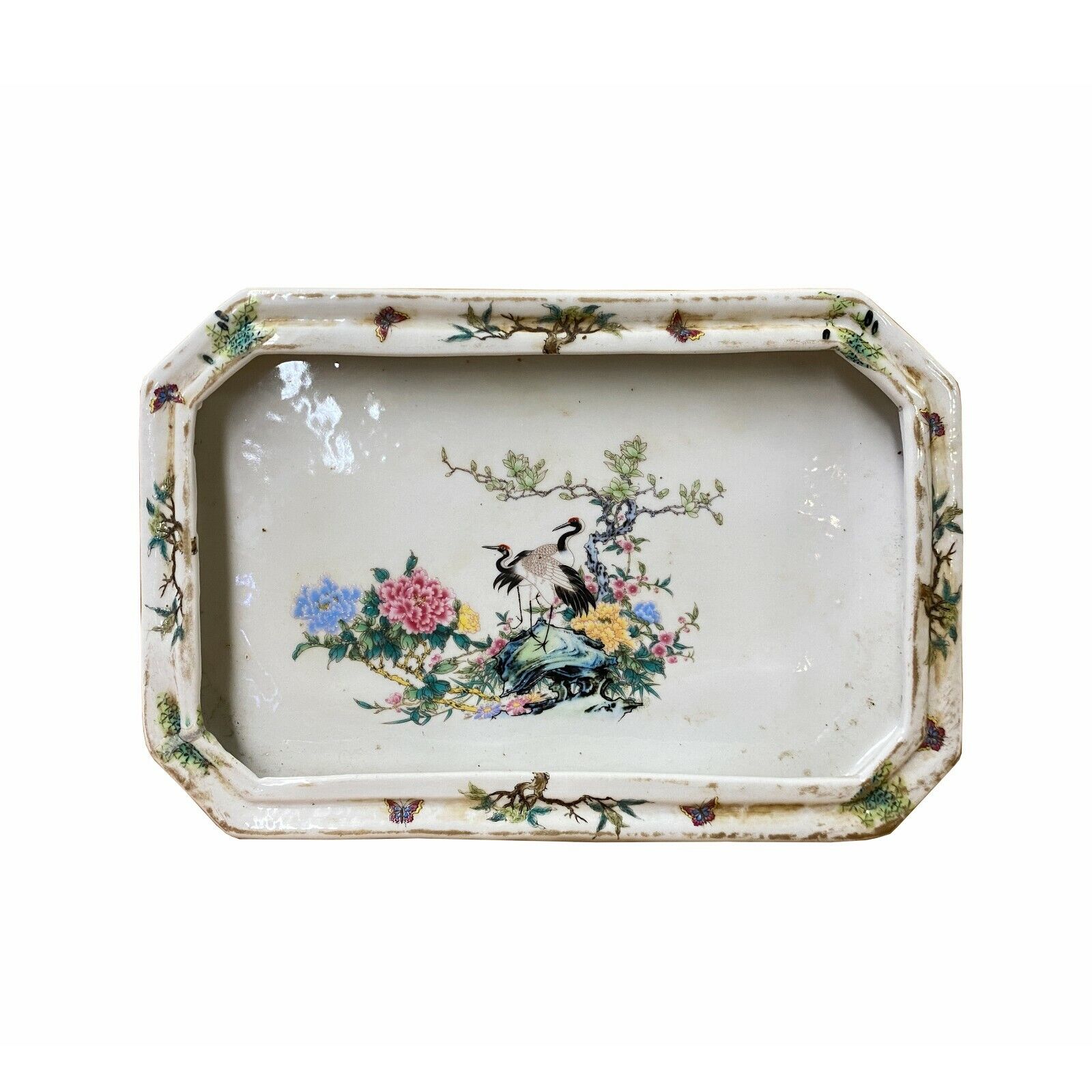 Chinese Off White Porcelain Flower Cranes Rectangular Display Plate ws1820