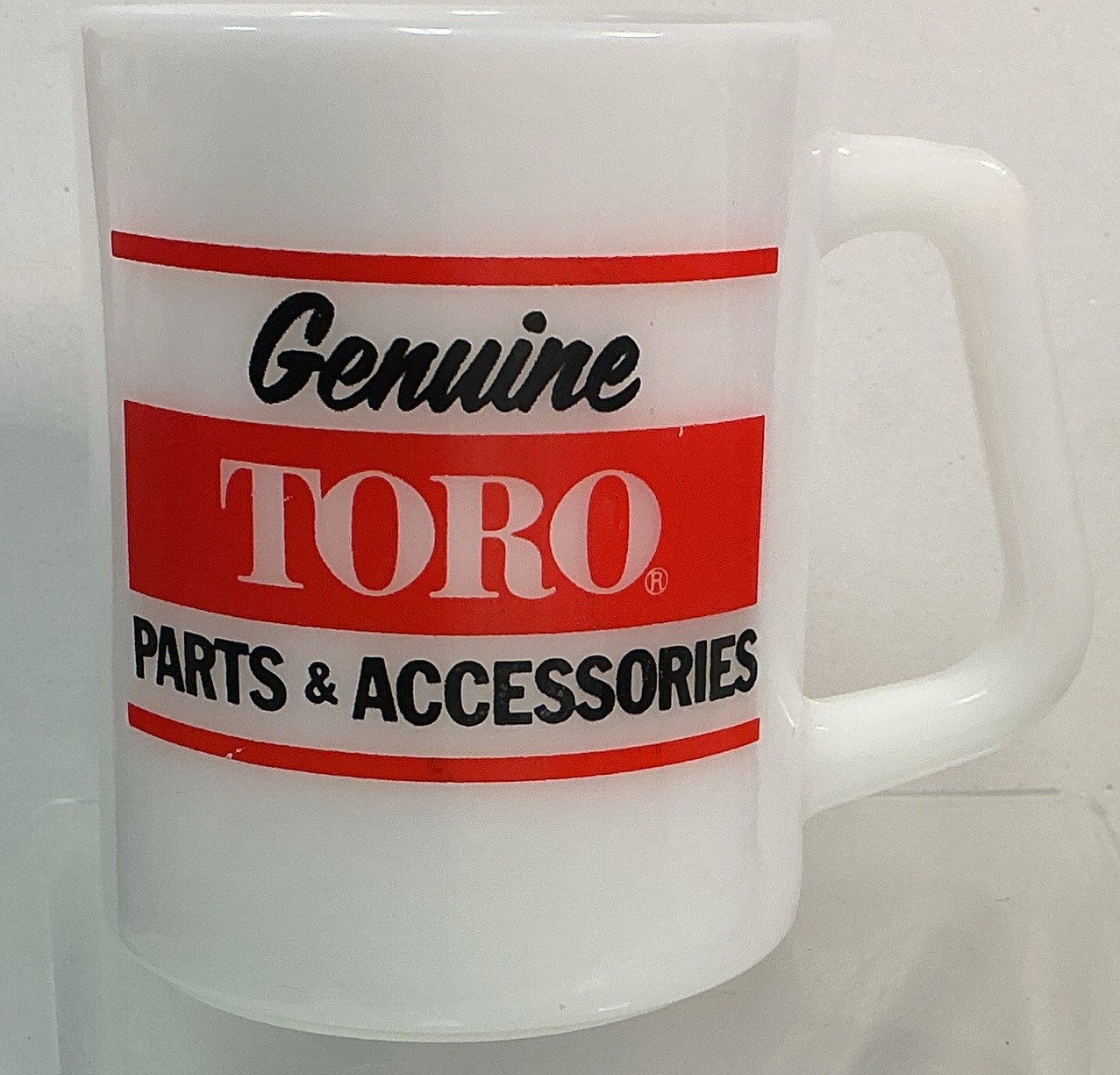 Vintage Genuine TORO Parts & Accessories Milk Glass Advertising Coffee Mug Cup