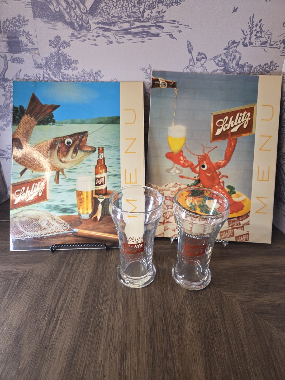 vintage Schlitz Beer menu sign/posters w/ (2) pilsner glasses, Milwaukee Famous