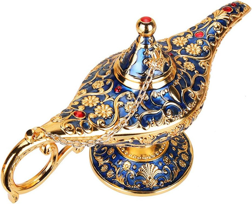 Vintage Aladdin Genie Lamp,Gold & Blue Zinc Alloy Arabian Decor,Jewelry Box Gift