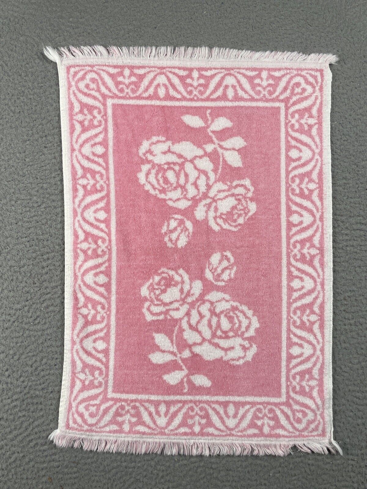 Vintage Hand Towel Montgomery Ward Style House Pink White Flower Fringe MCM Rose