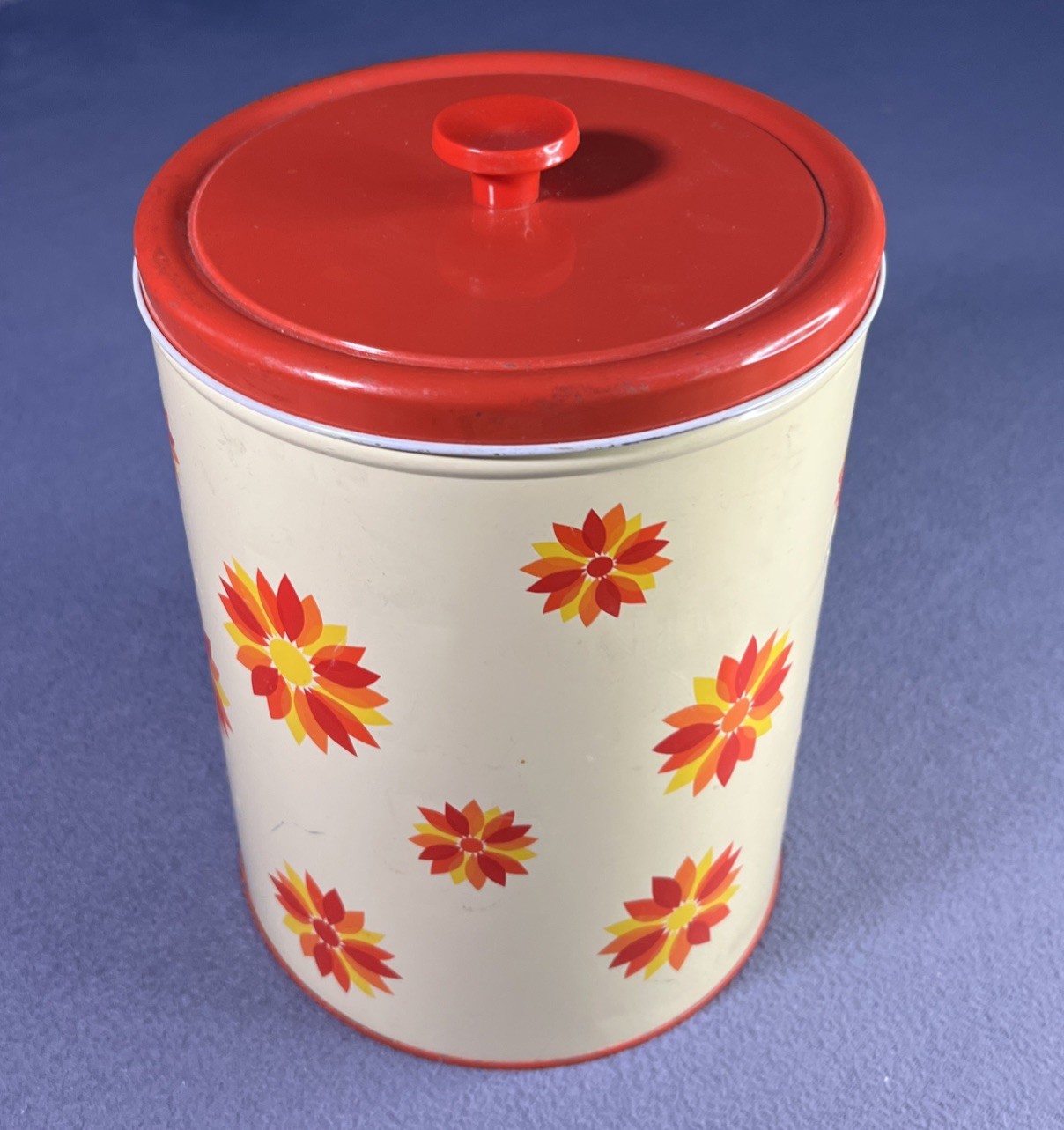Vintage Decoware Canister Ivory Red Yellow Floral  Metal Large Flour Bin READ