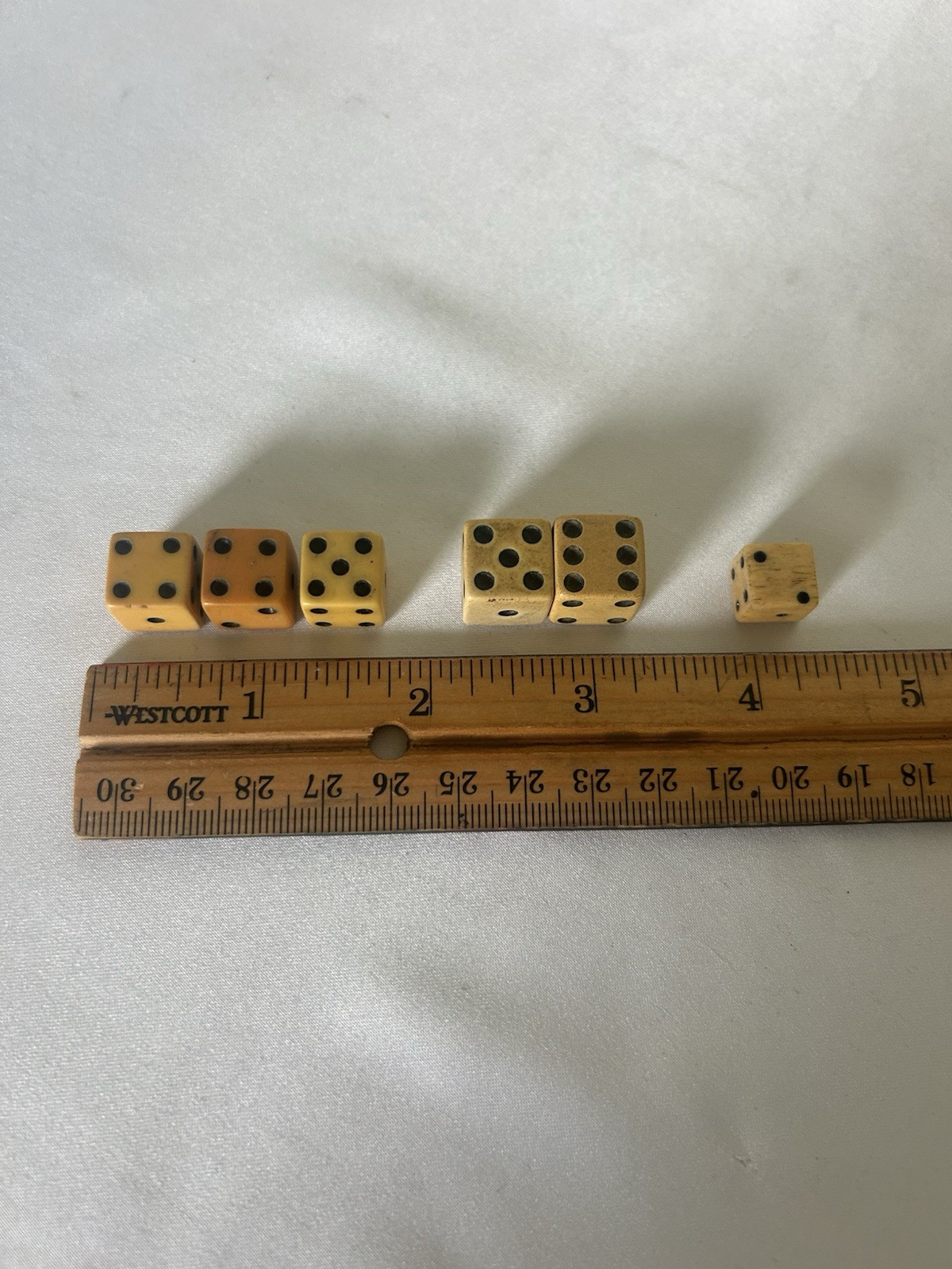 Vintage Antique Dice Lot of 6 Yellow Black Pips Mixed Sizes Bone/Celluloid?