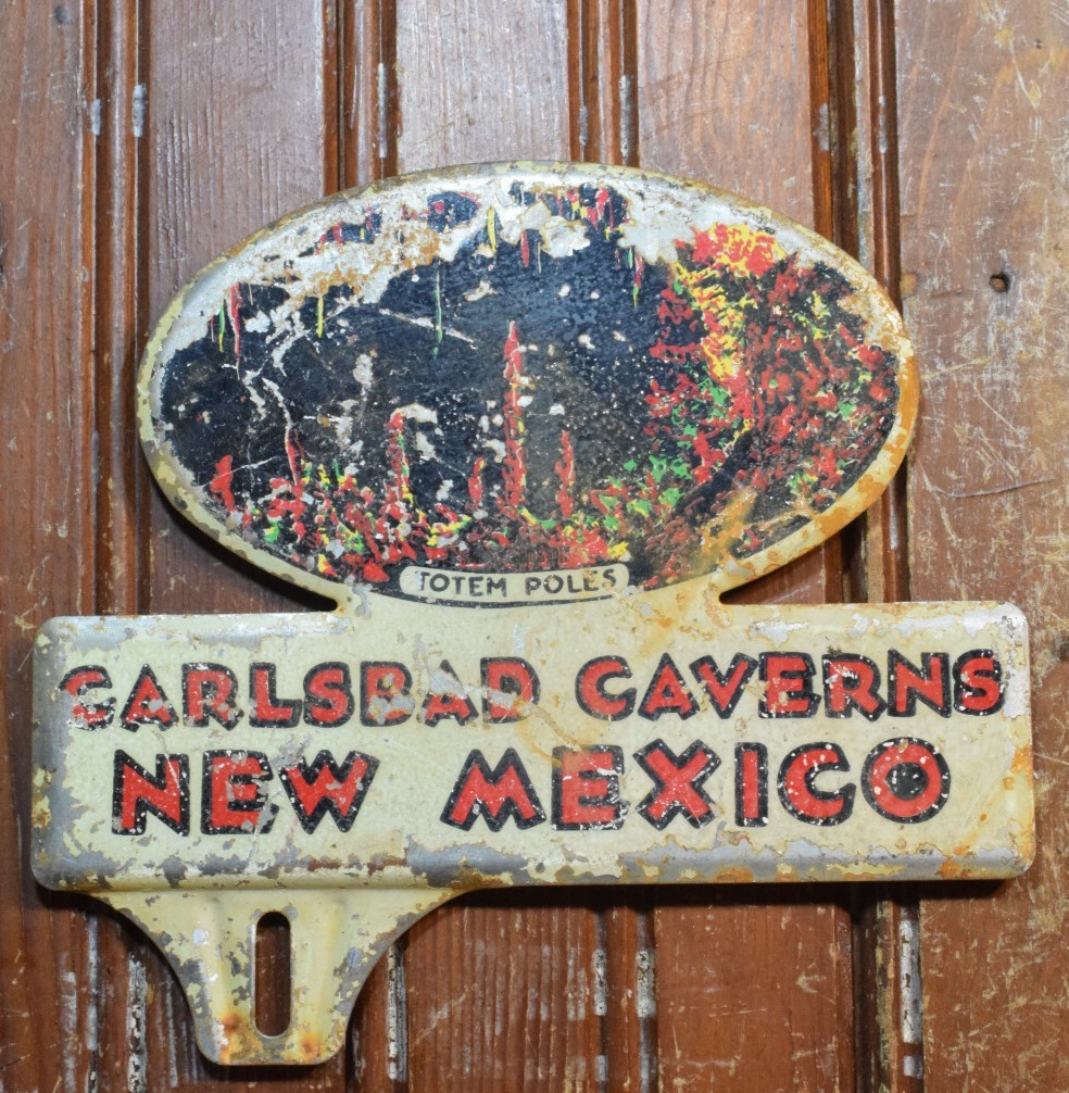 CARLSBAD CAVERNS NEW MEXICO STAMPED PAINTED METAL TOPPER SIGN VINTAGE 1950s TOUR