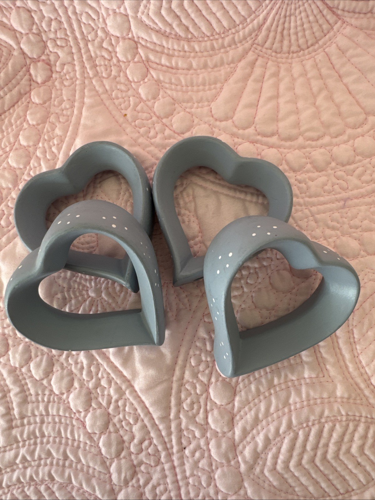 4 Vtg Ceramic Heart French County Blue Napkin Rings