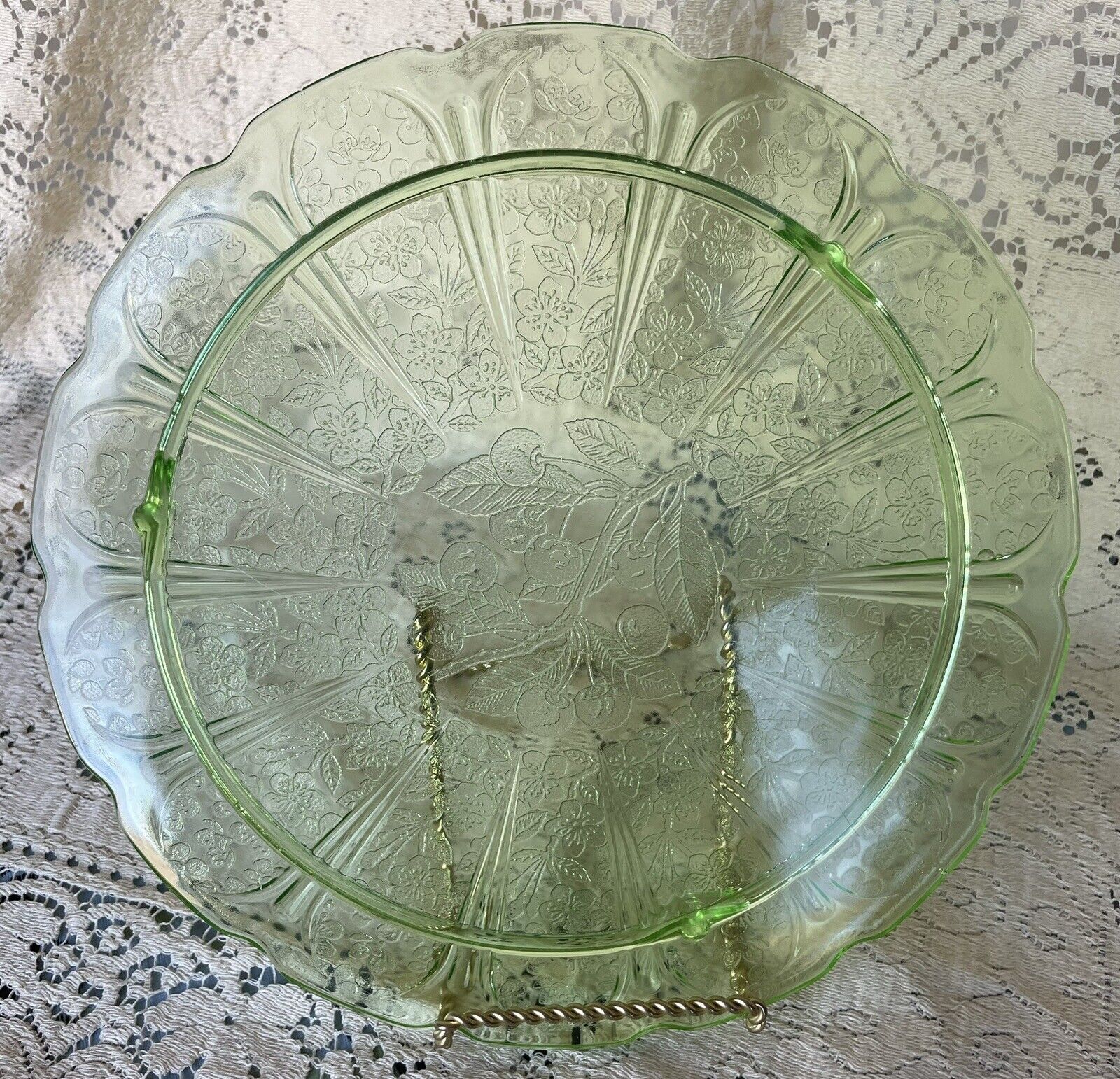 Cherry Blossom Green 3 Footed Cake Plate by Jeannette Glass 1930-1939