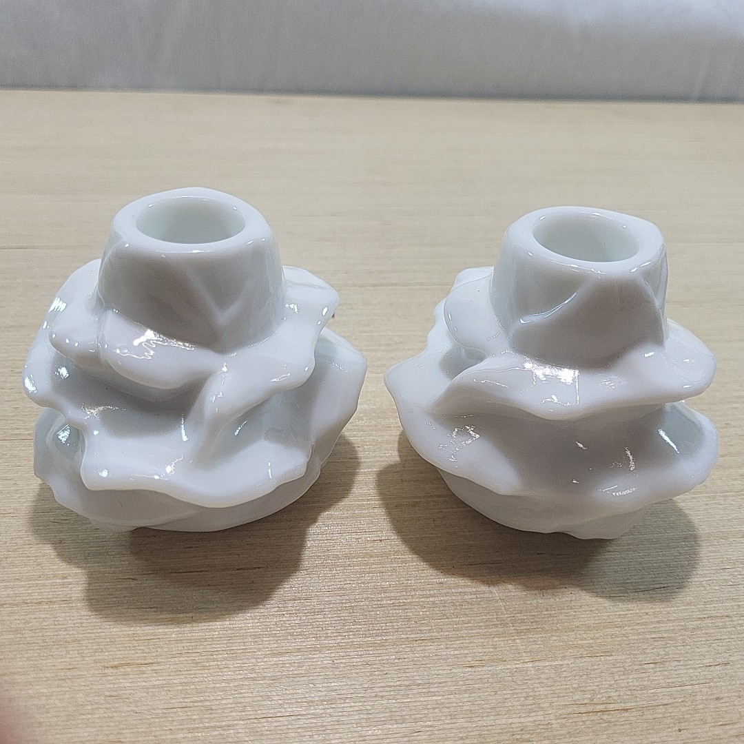 Vintage Pair Of Heavy White Milk Glass Rose Petal Candlestick Holders