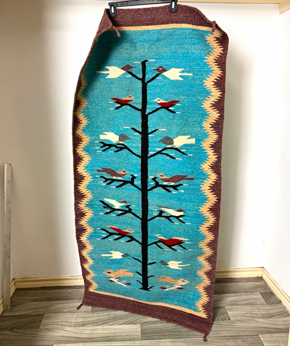 Vintage Southwestern Woven Wool Tapestry Runner Rug Tree of Life Birds 31.5 x 60