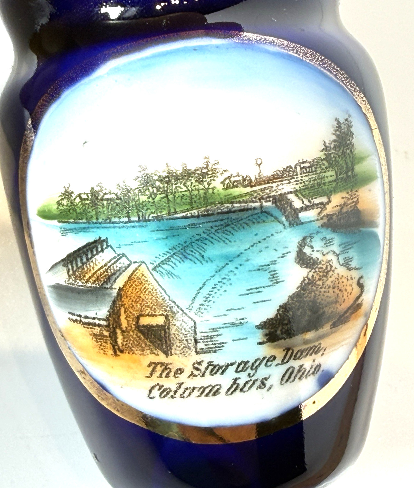 COLUMBUS, OHIO OH - STORAGE DAMS - Antique Souvenir China Cobalt Painted Cup COLUMBUS, OHIO OH - STORAGE DAMS - Antique Souvenir China Cobalt Painted Cup