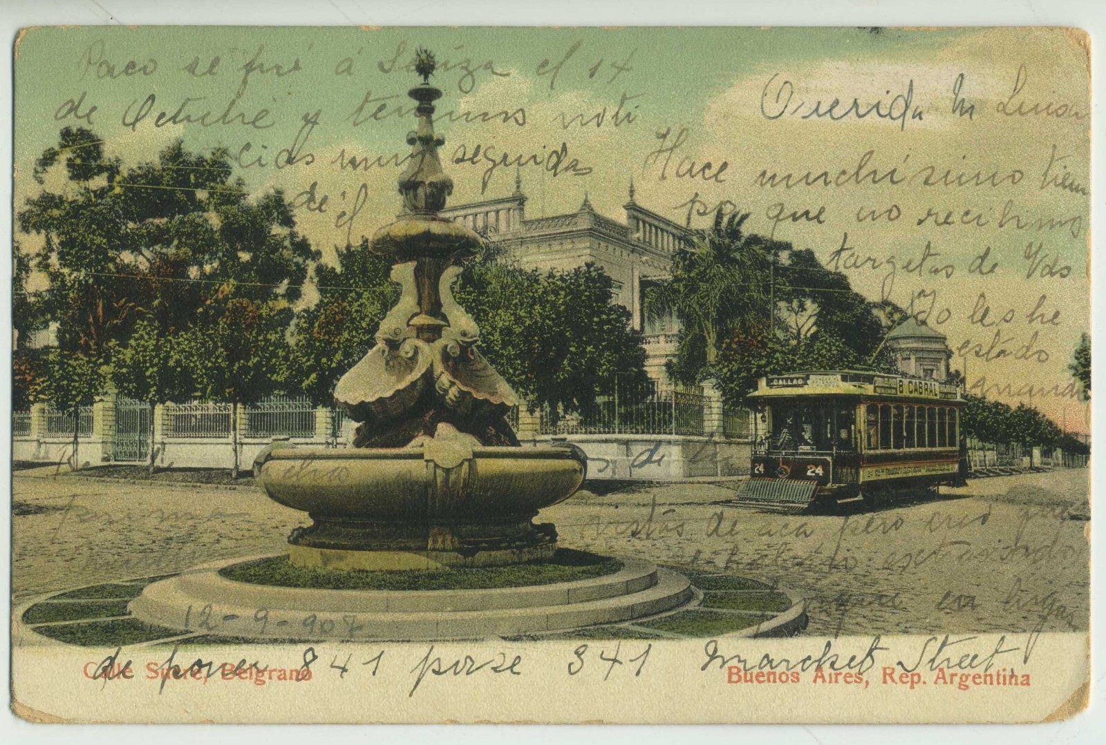BUENOS AIRES ARGENTINA Cancel  CALLE SUCRE IN BELGRANO TROLLEY FOUNTAIN 1907 A3