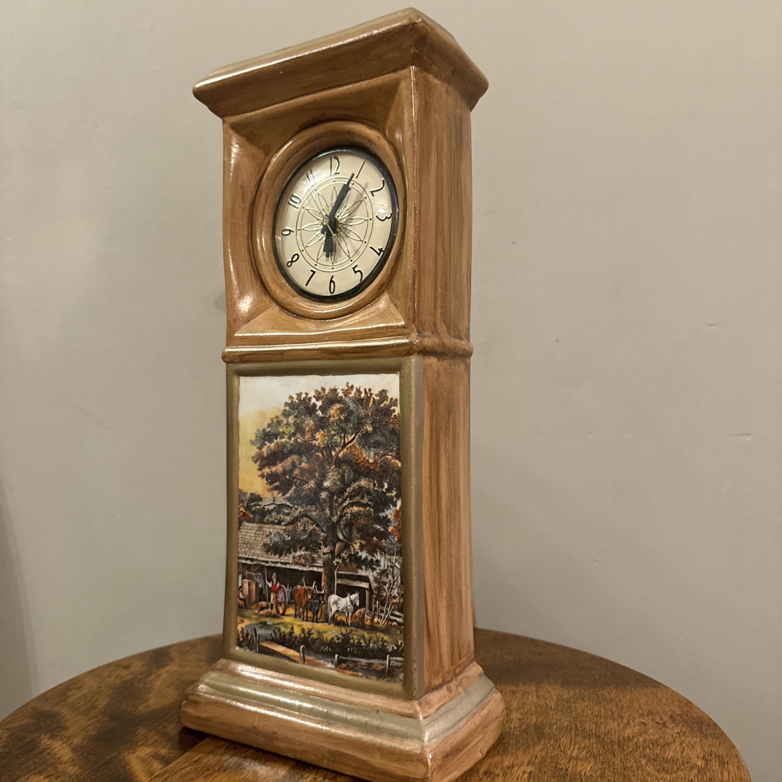  Vintage Lanshire Ceramic Mantle Clock Cow Barn Scene Electric Works Self-Start