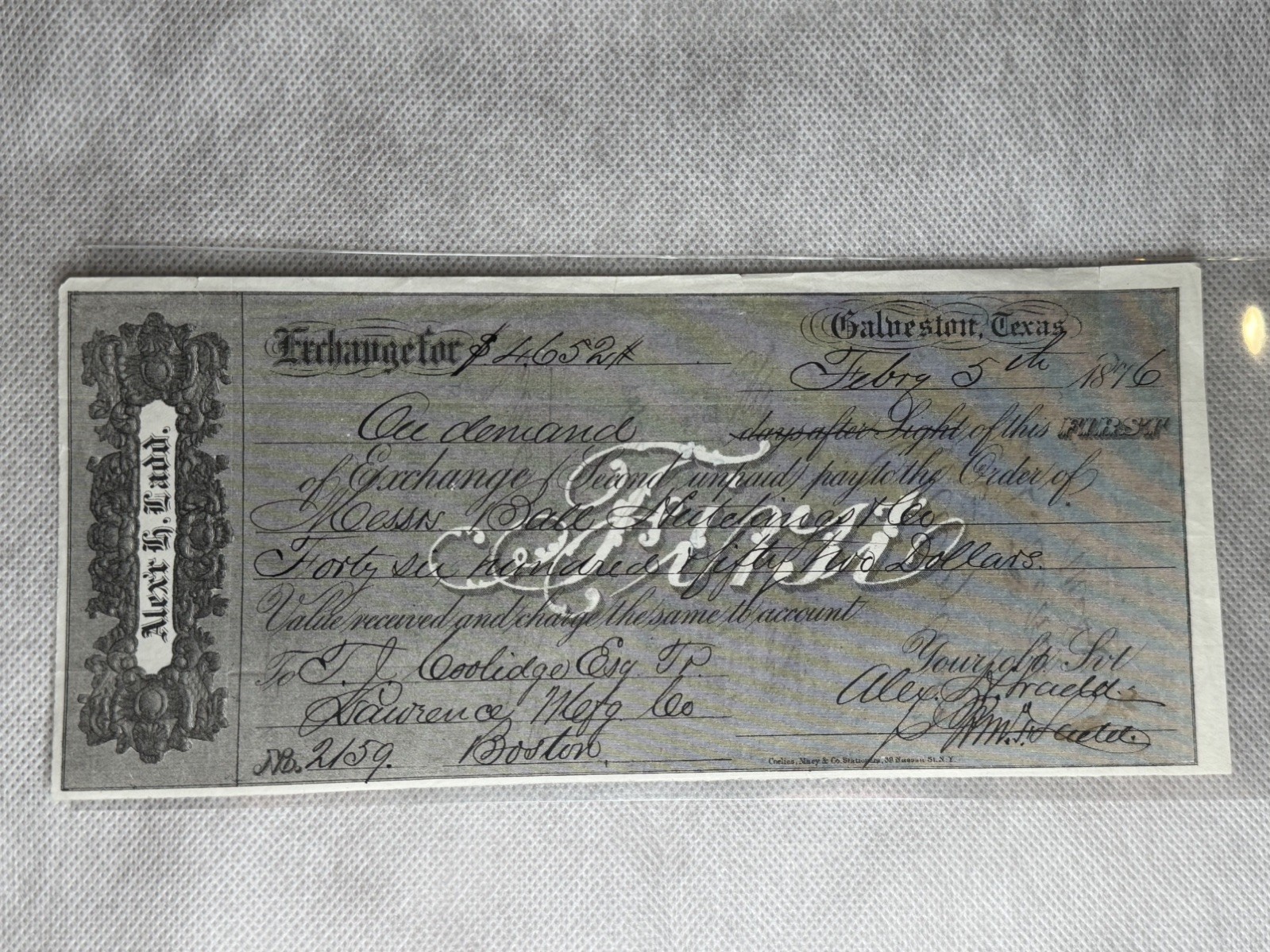 1876 Galveston TX First of Exchange Alexr H Ladd to Ball Hutchings  Cotton Trade